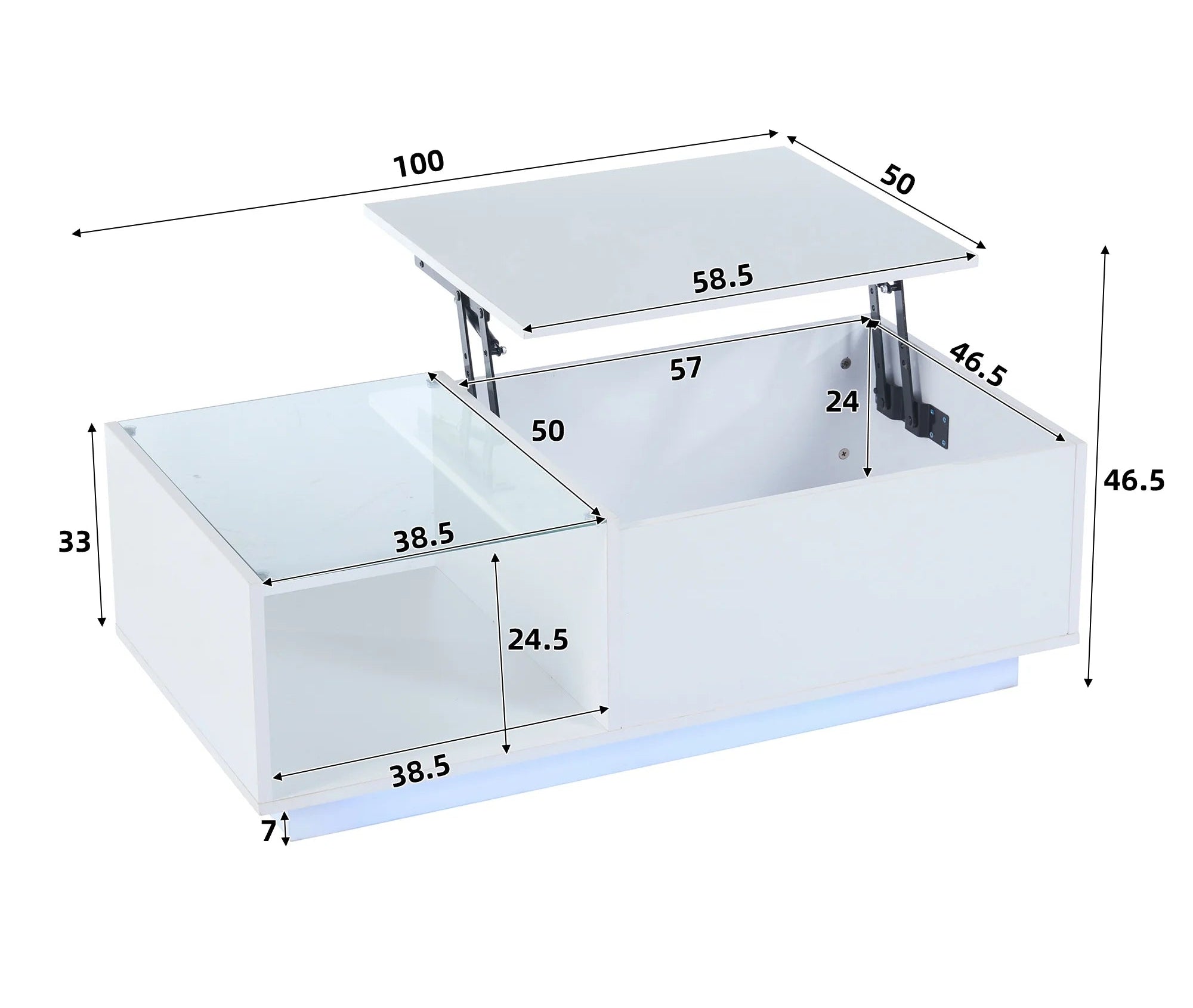 Table basse LED réglable en hauteur avec rangement