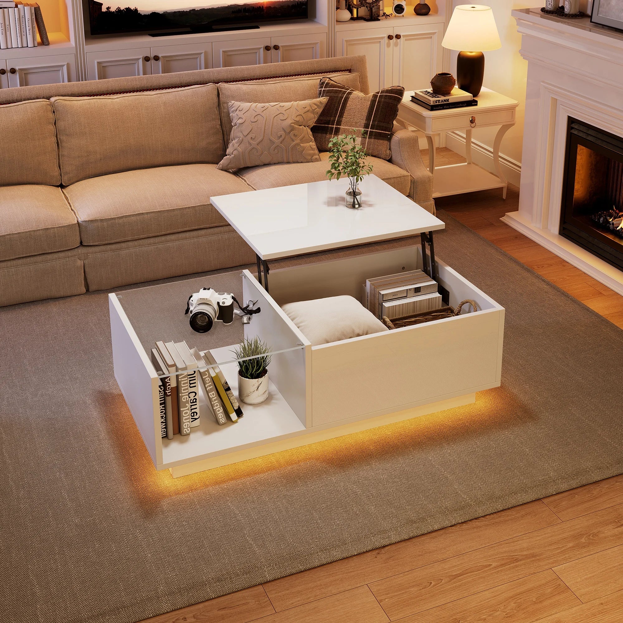 Table basse LED réglable en hauteur avec rangement