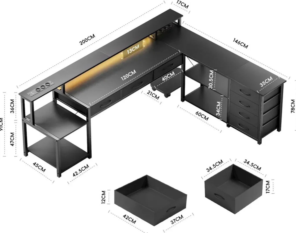 Bureau d'angle en métal avec LED