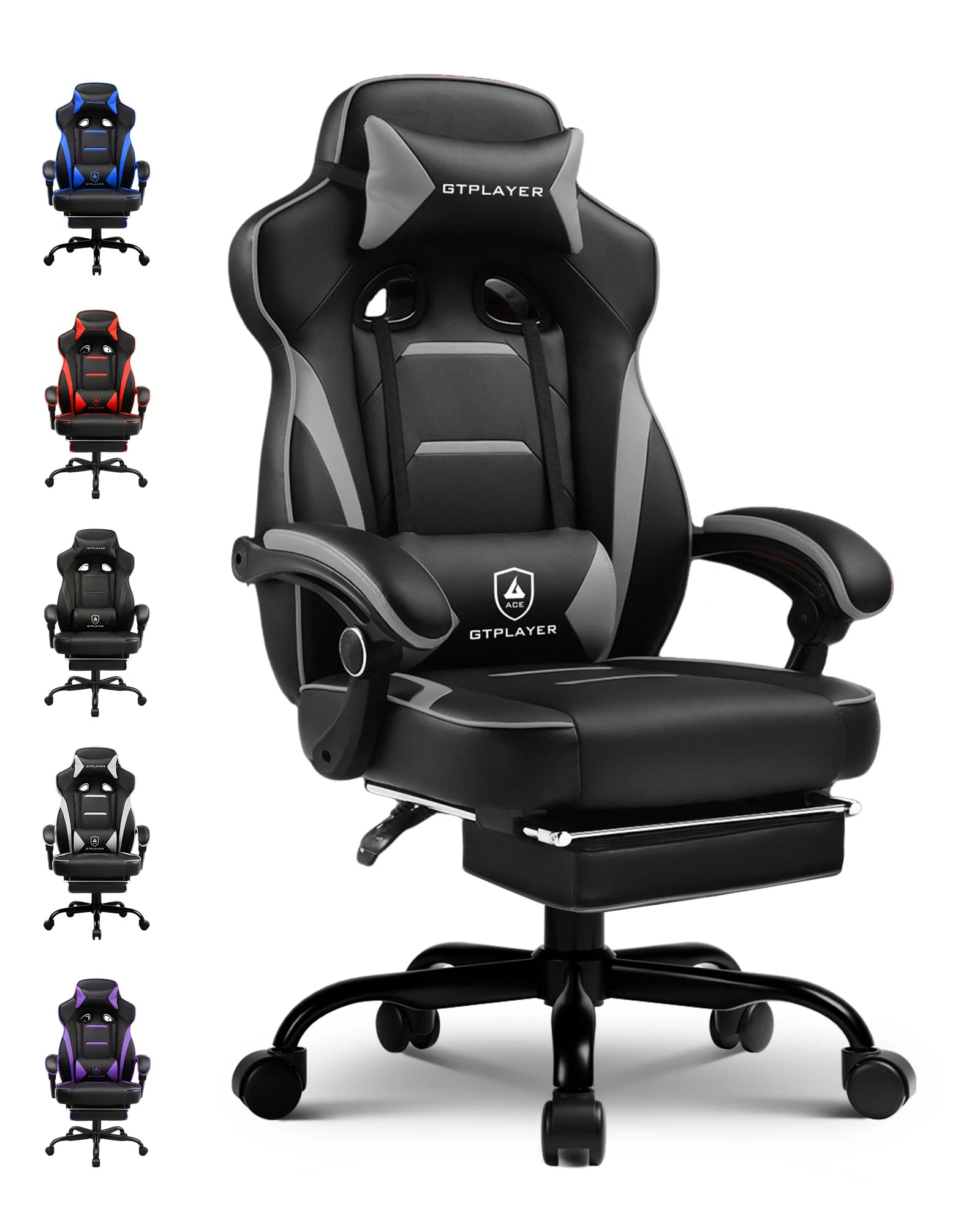Fauteuil de jeu ergonomique avec soutien lombaire et appui-tête en similicuir