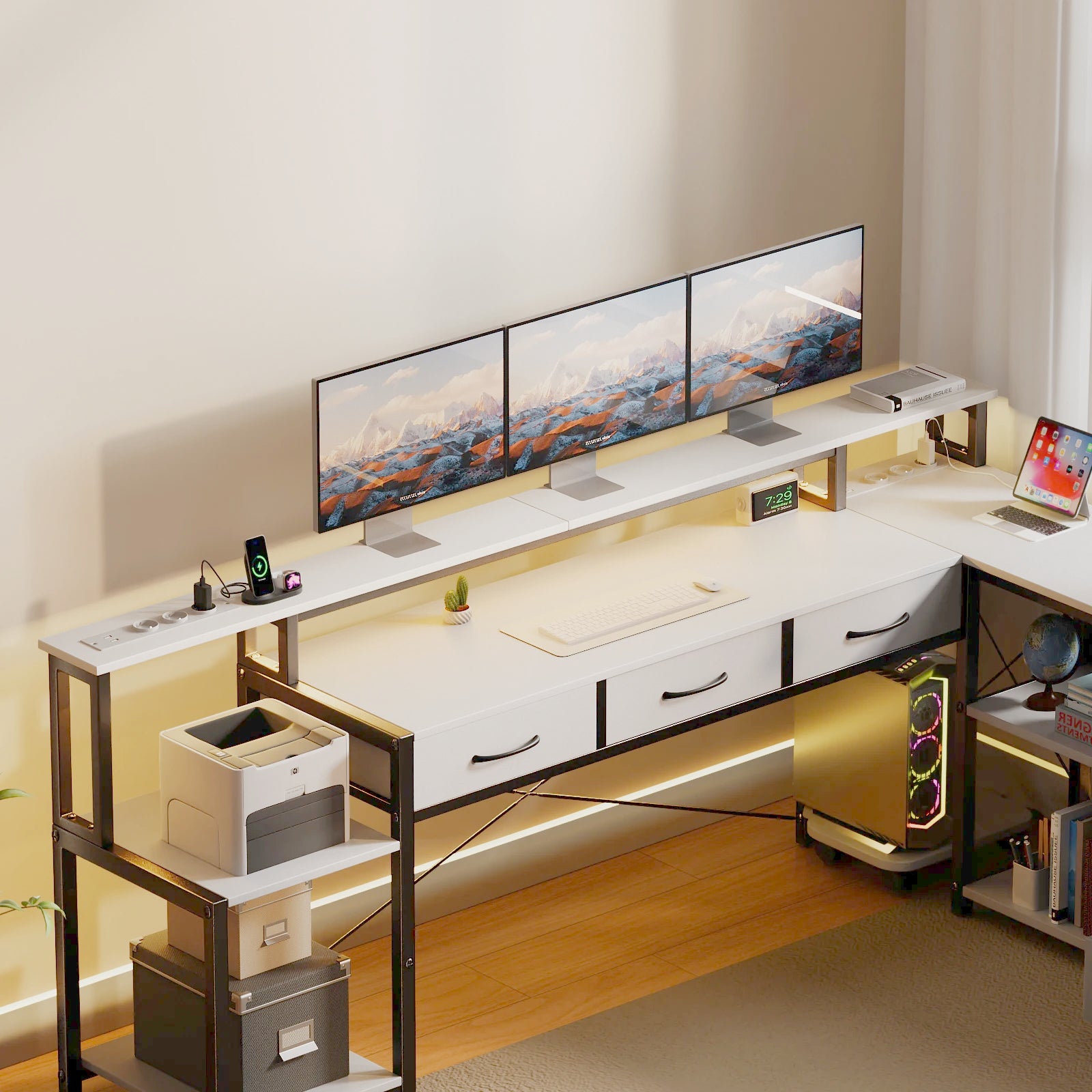 Bureau d'angle blanc en métal avec LED