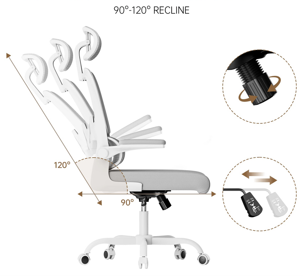 Chaise de bureau ergonomique avec appui-tête réglable et accoudoirs rabattables