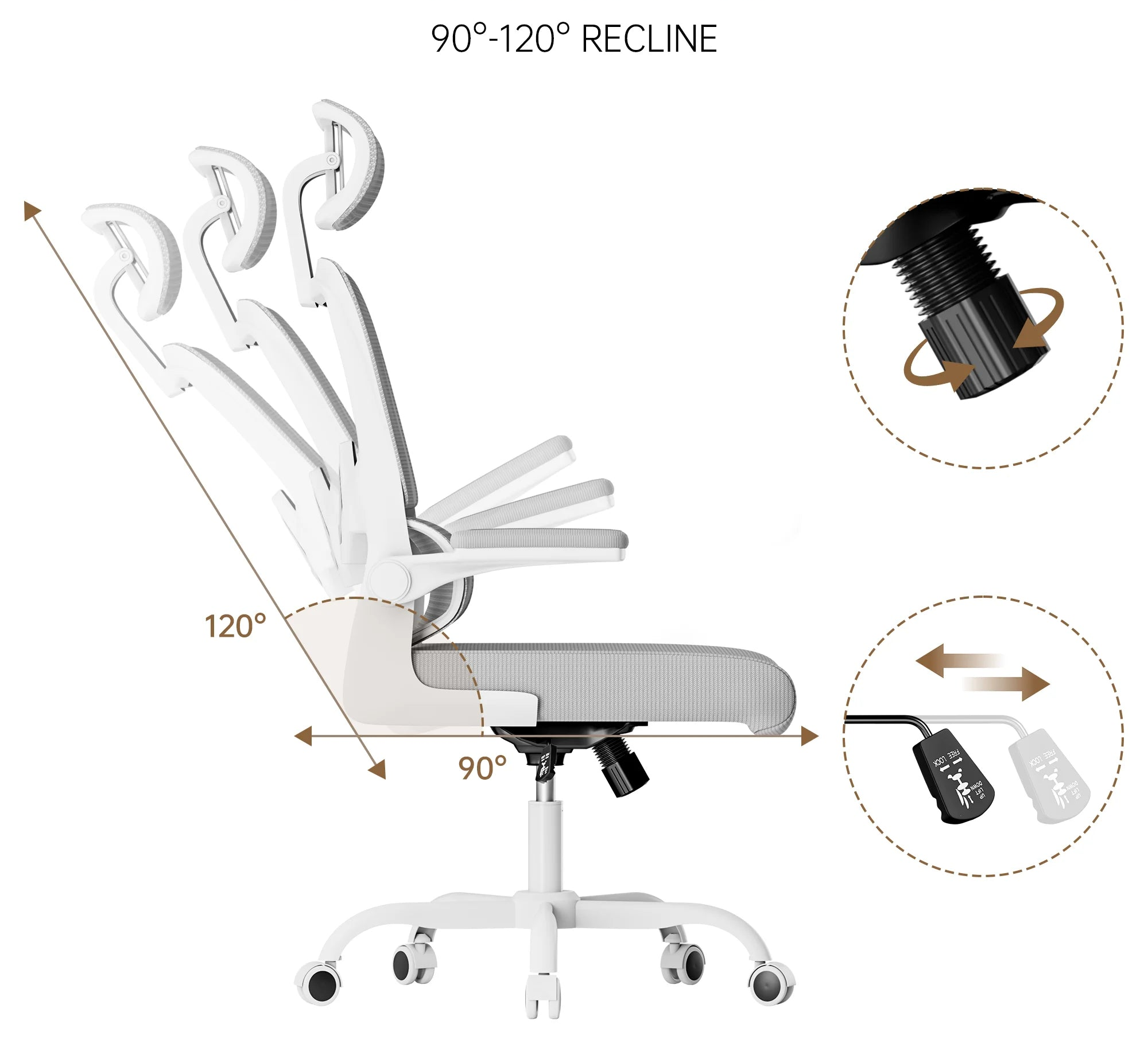 Chaise de bureau ergonomique avec appui-tête réglable et accoudoirs rabattables