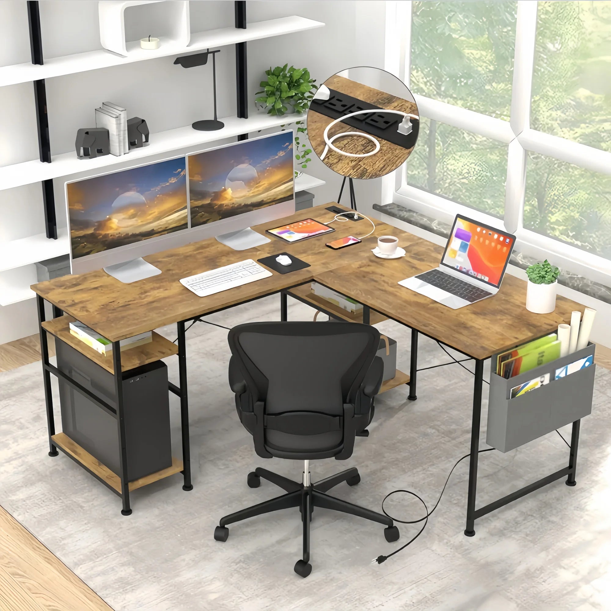 Bureau de travail d'angle en bois minimaliste avec rangement