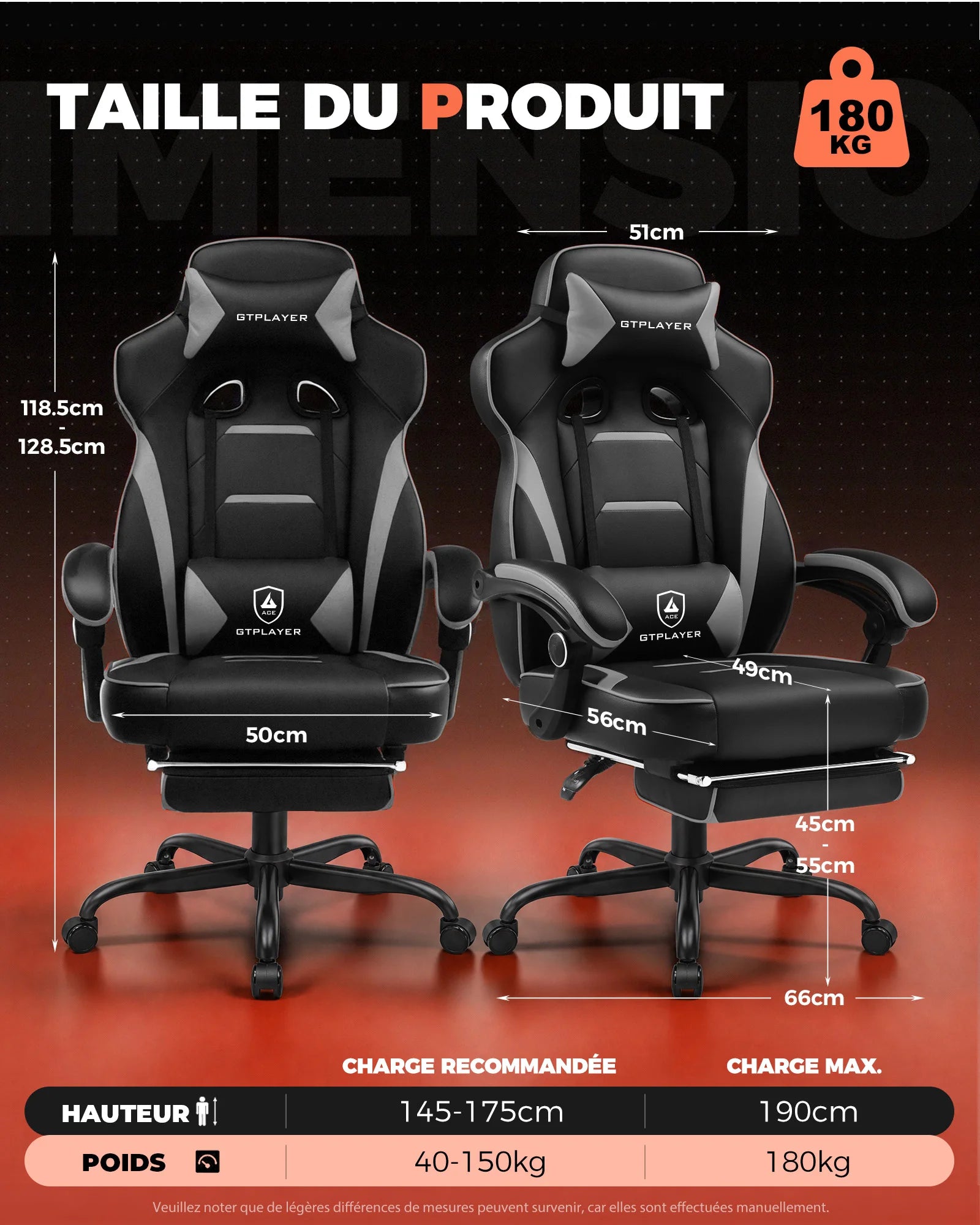 Fauteuil de jeu ergonomique avec soutien lombaire et appui-tête en similicuir