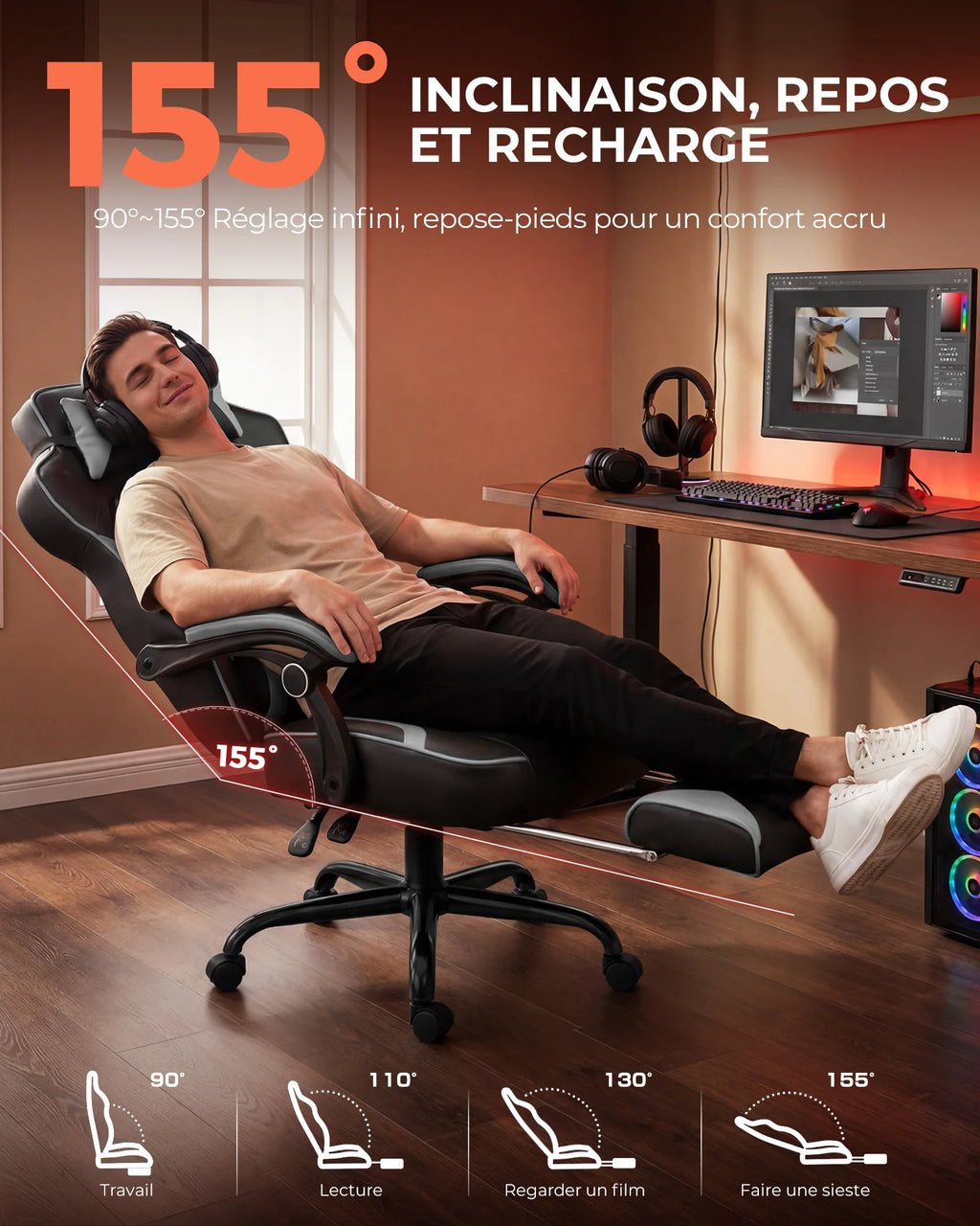 Fauteuil de jeu ergonomique avec soutien lombaire et appui-tête en similicuir