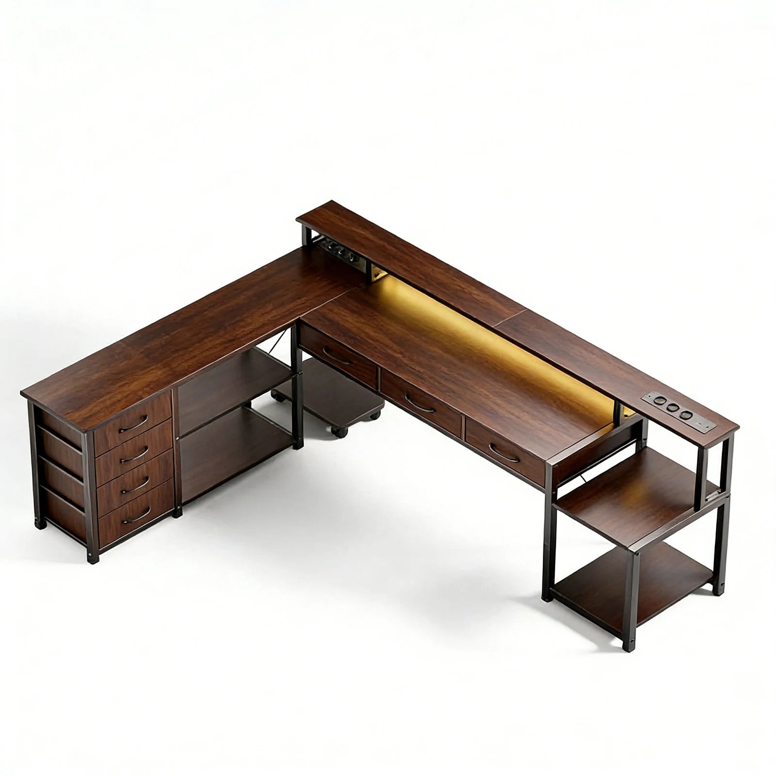 Bureau d'angle en bois minimaliste avec rangement et LED