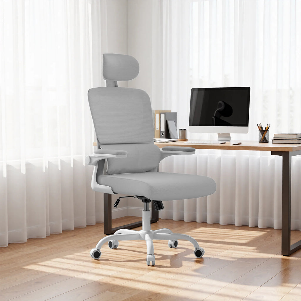 Chaise de bureau ergonomique avec appui-tête réglable et accoudoirs rabattables