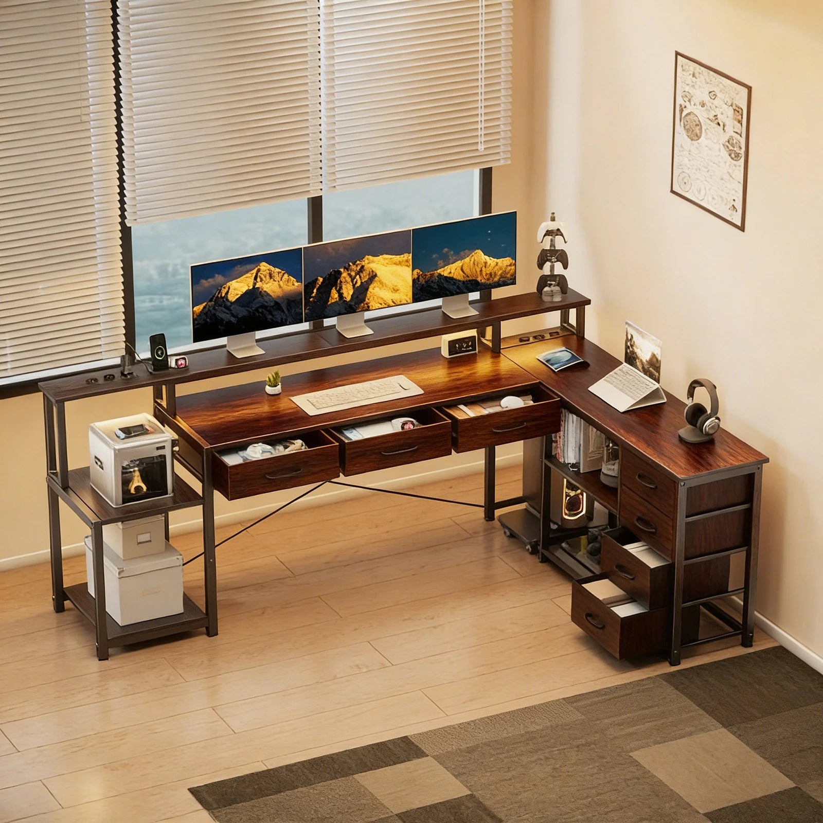 Bureau d'angle en bois minimaliste avec rangement et LED