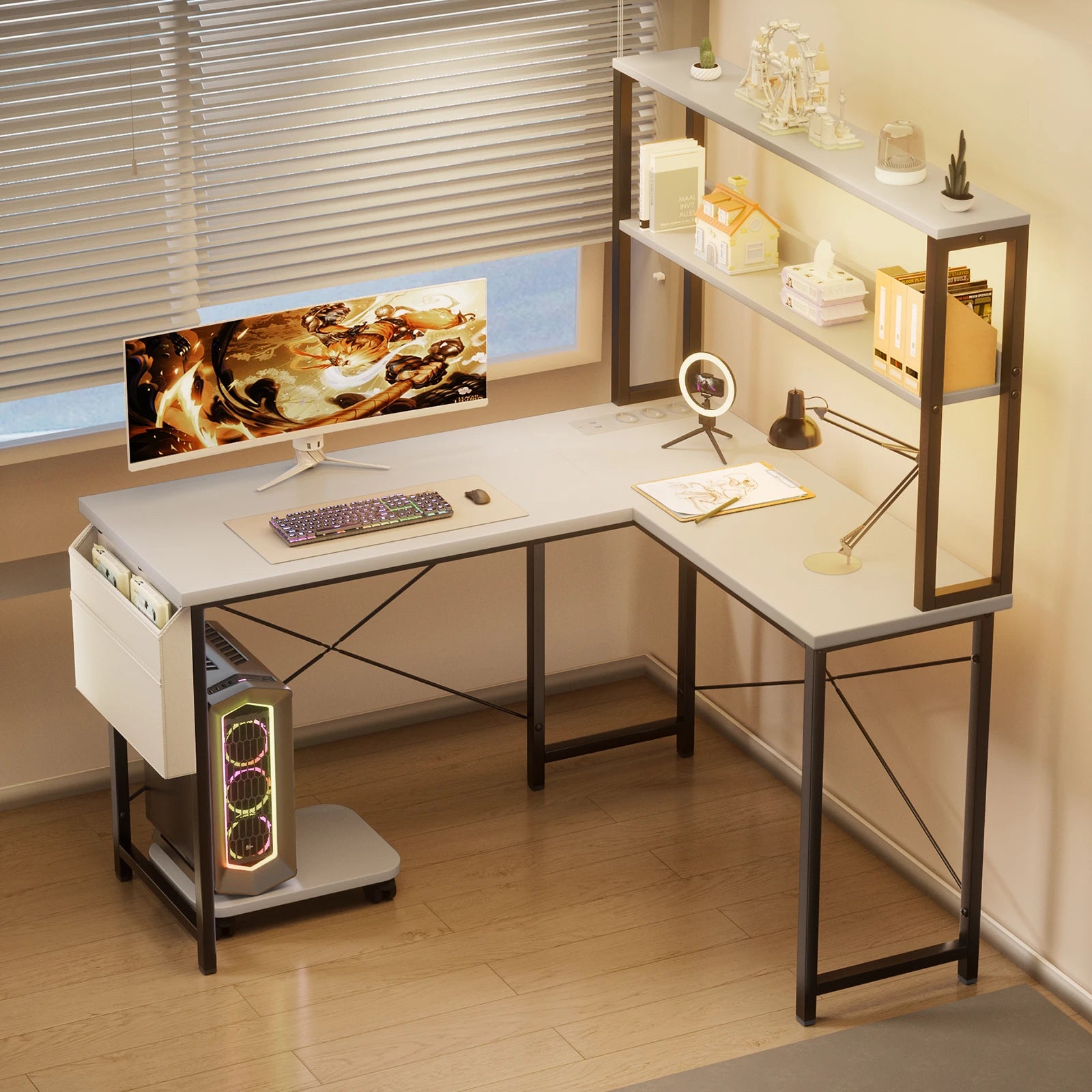Bureau d'angle blanc en métal avec rangement LED