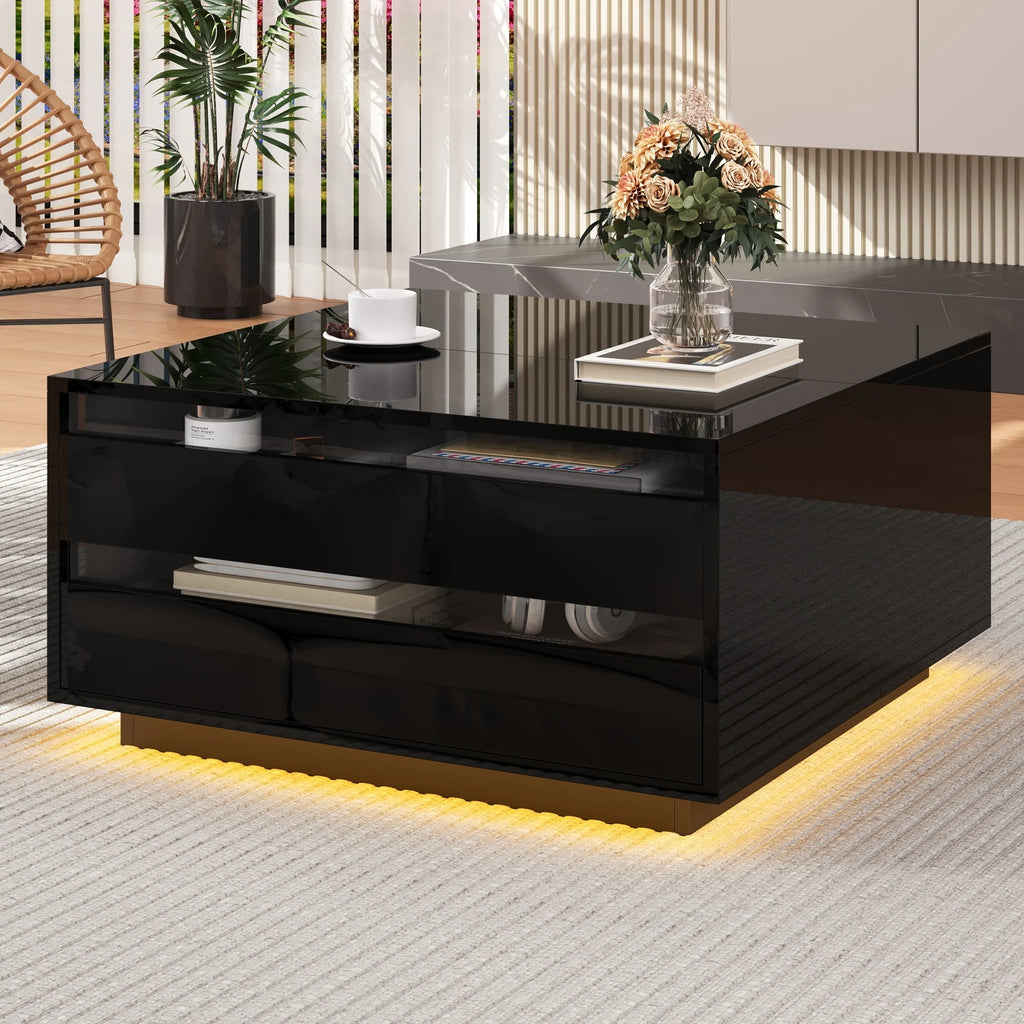 Table basse moderne relevable avec barre lumineuse LED