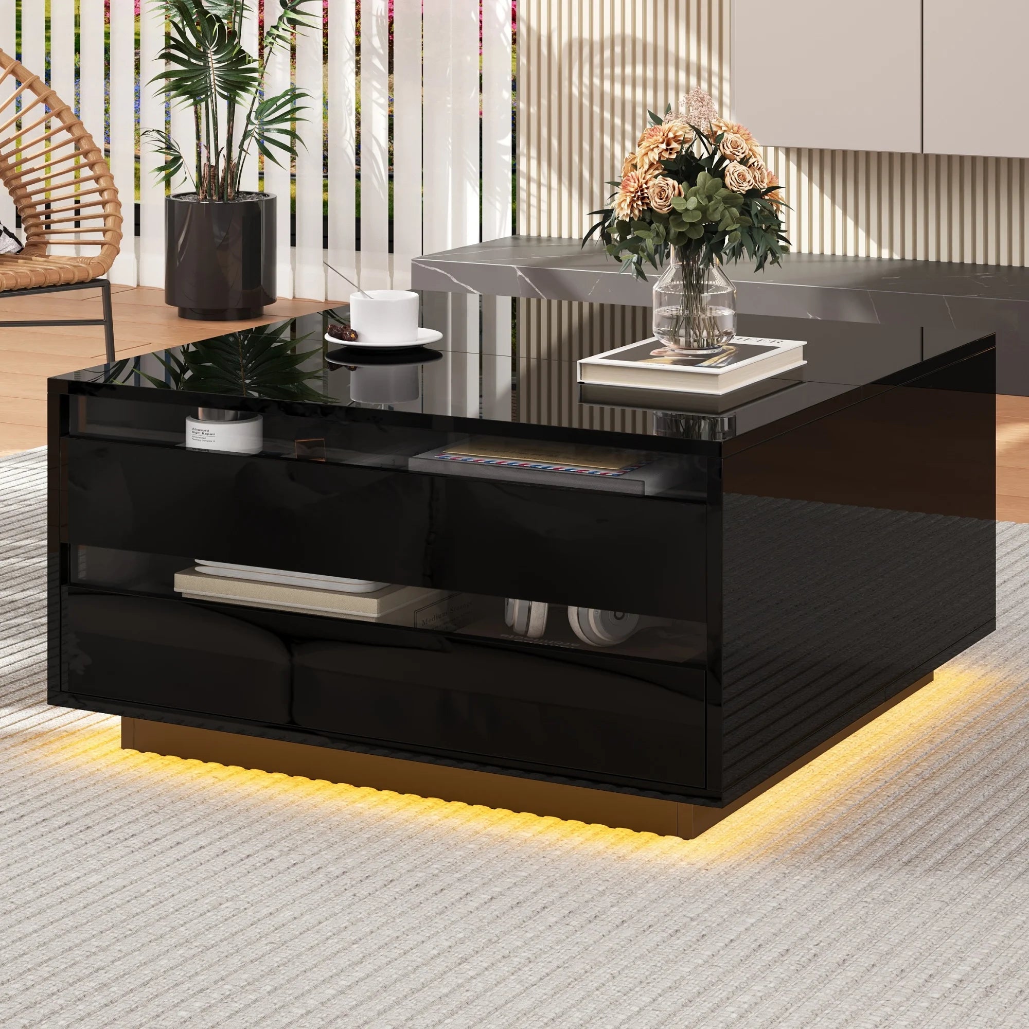 Table basse moderne relevable avec barre lumineuse LED