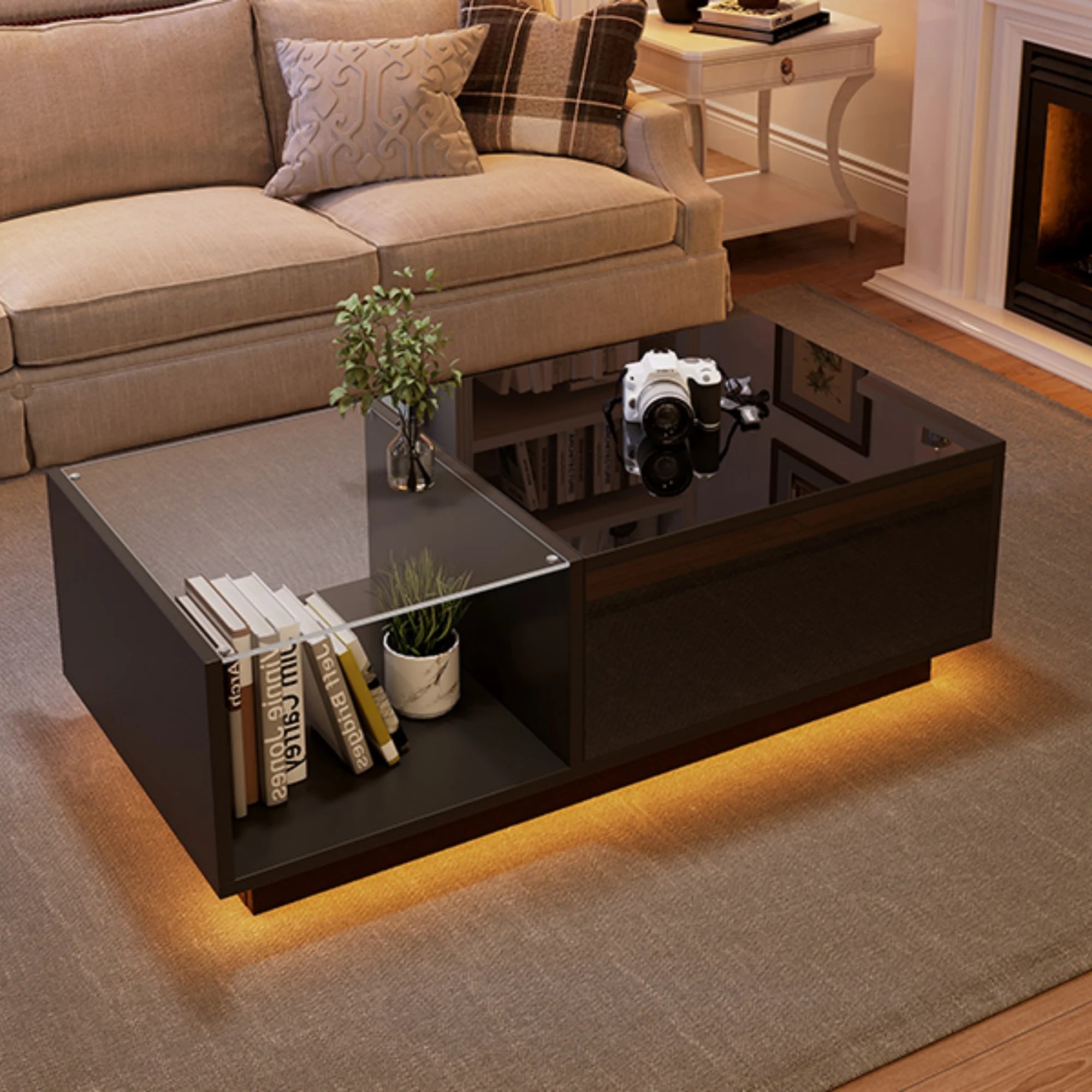 Table basse LED réglable en hauteur avec rangement