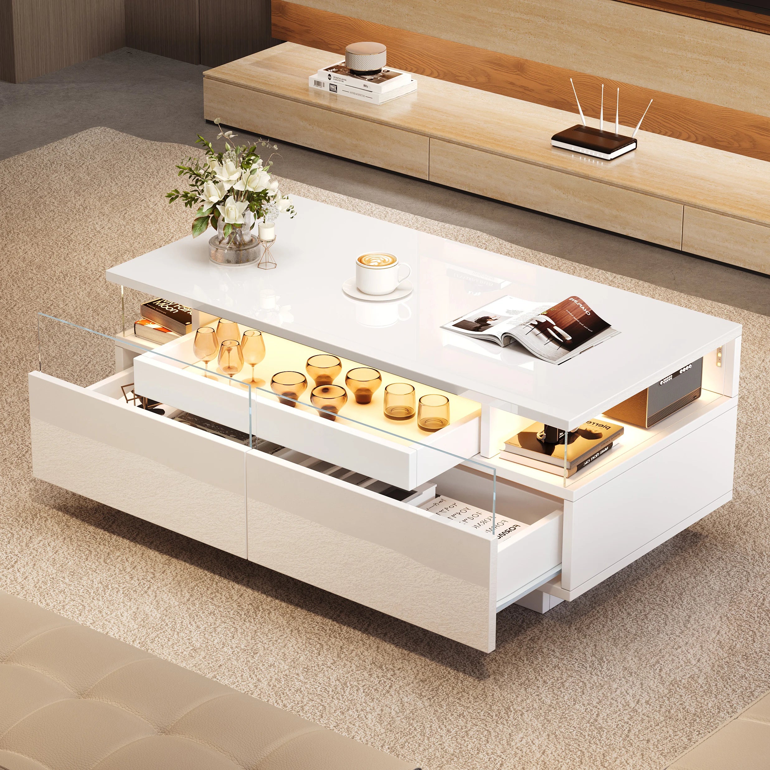 Table basse en verre trempé avec éclairage LED