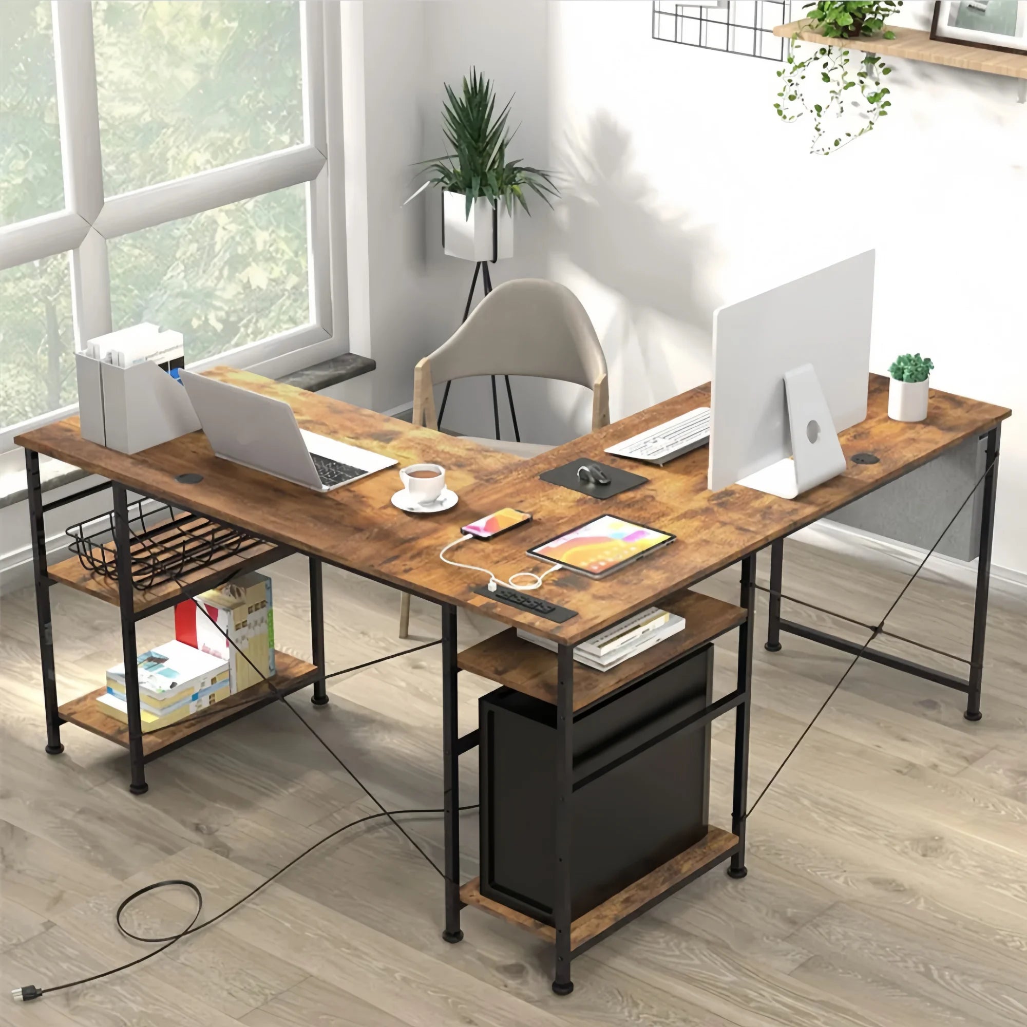 Bureau de travail d'angle en bois minimaliste avec rangement