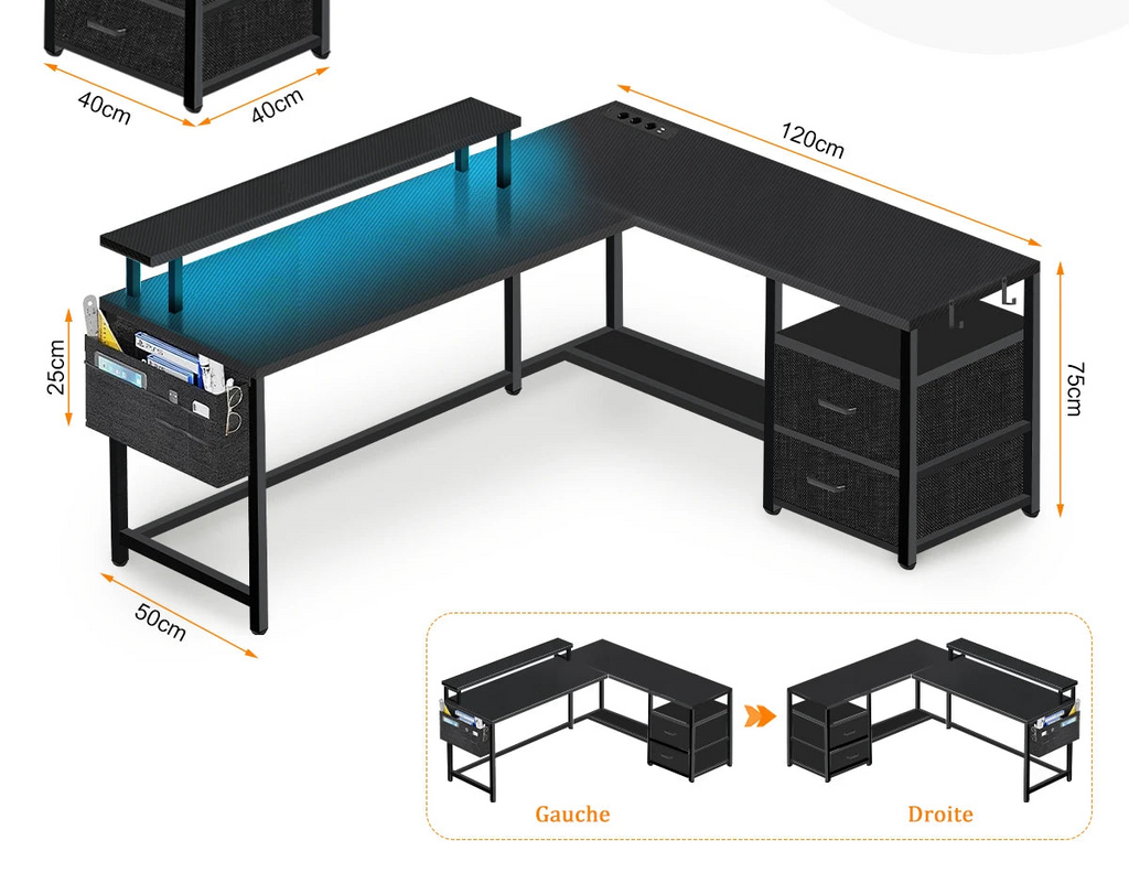 Bureau d'angle noir avec rangement et LED
