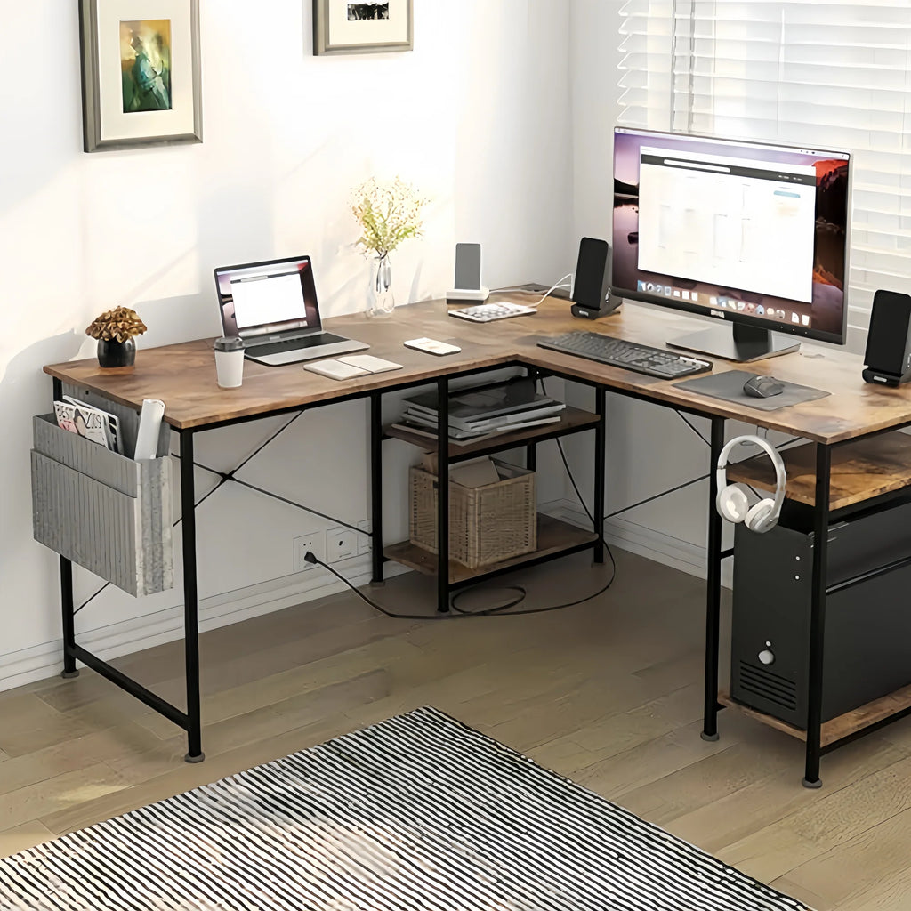 Bureau de travail d'angle en bois minimaliste avec rangement