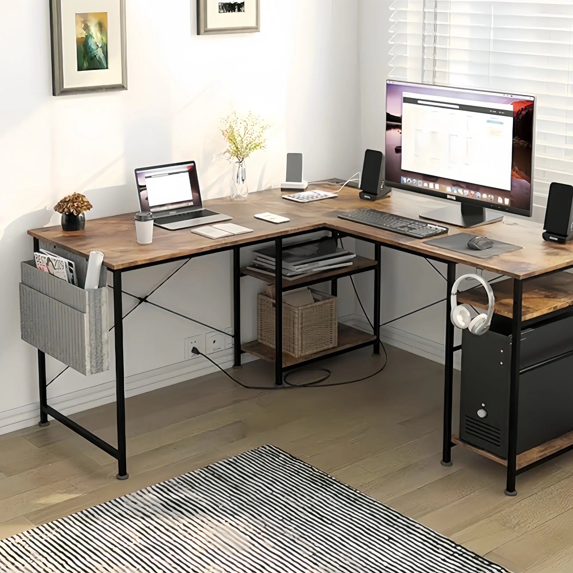 Bureau de travail d'angle en bois minimaliste avec rangement