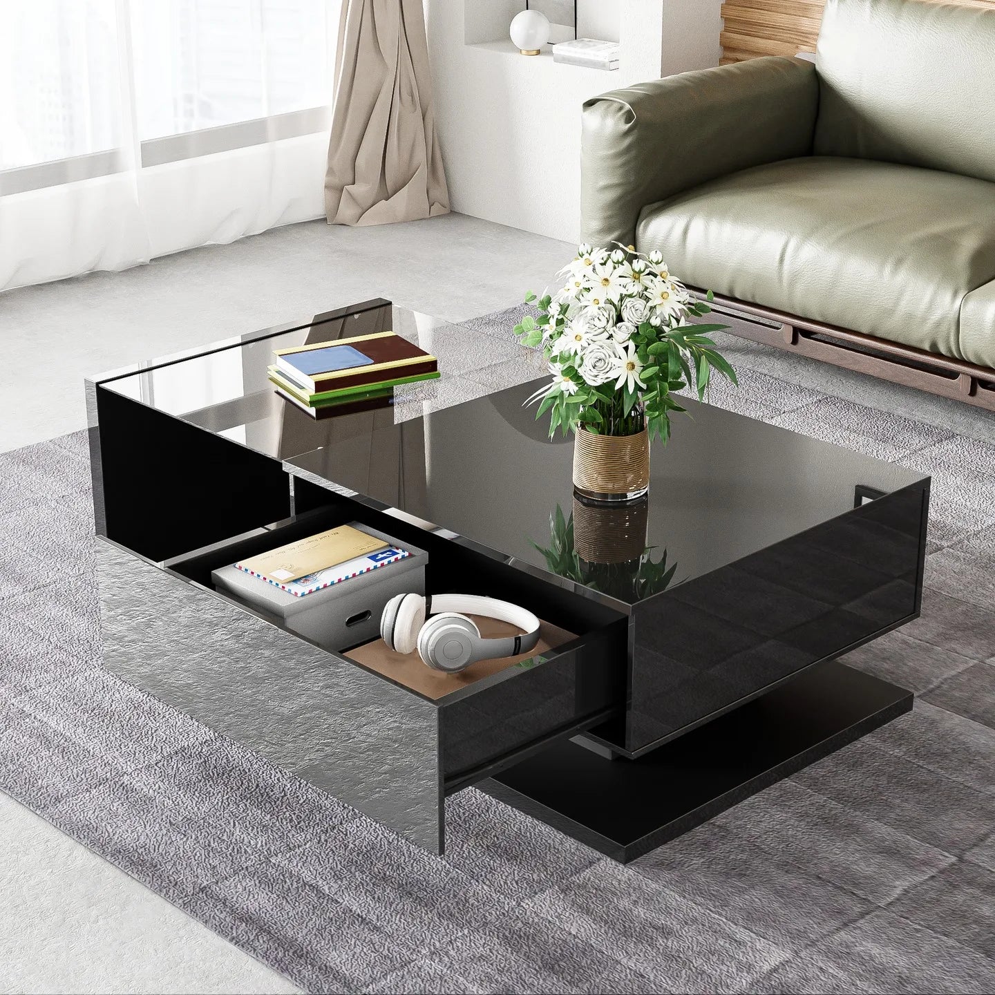 Table basse brillante et rectangulaire pour salon avec LED