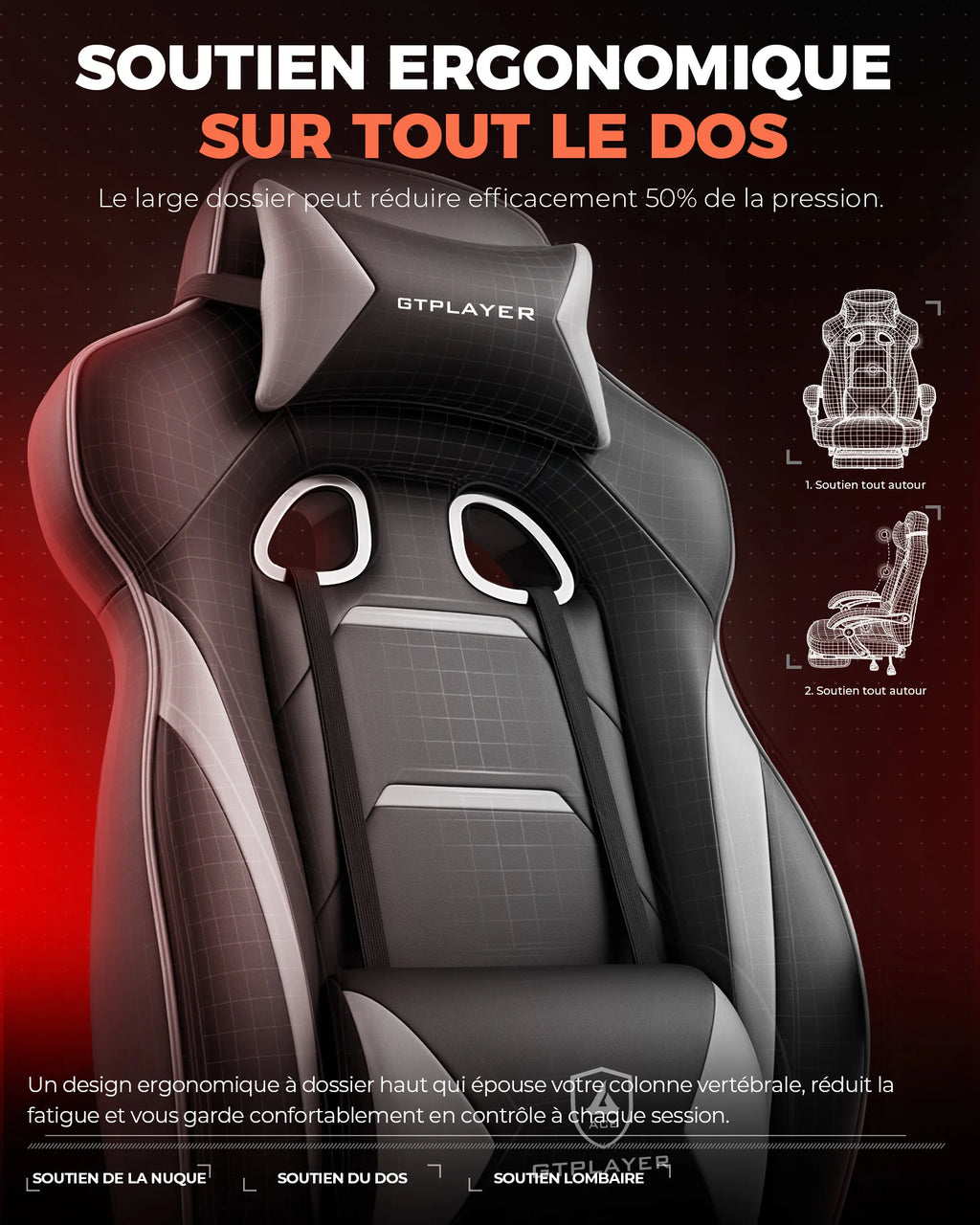 Fauteuil de jeu ergonomique avec soutien lombaire et appui-tête en similicuir