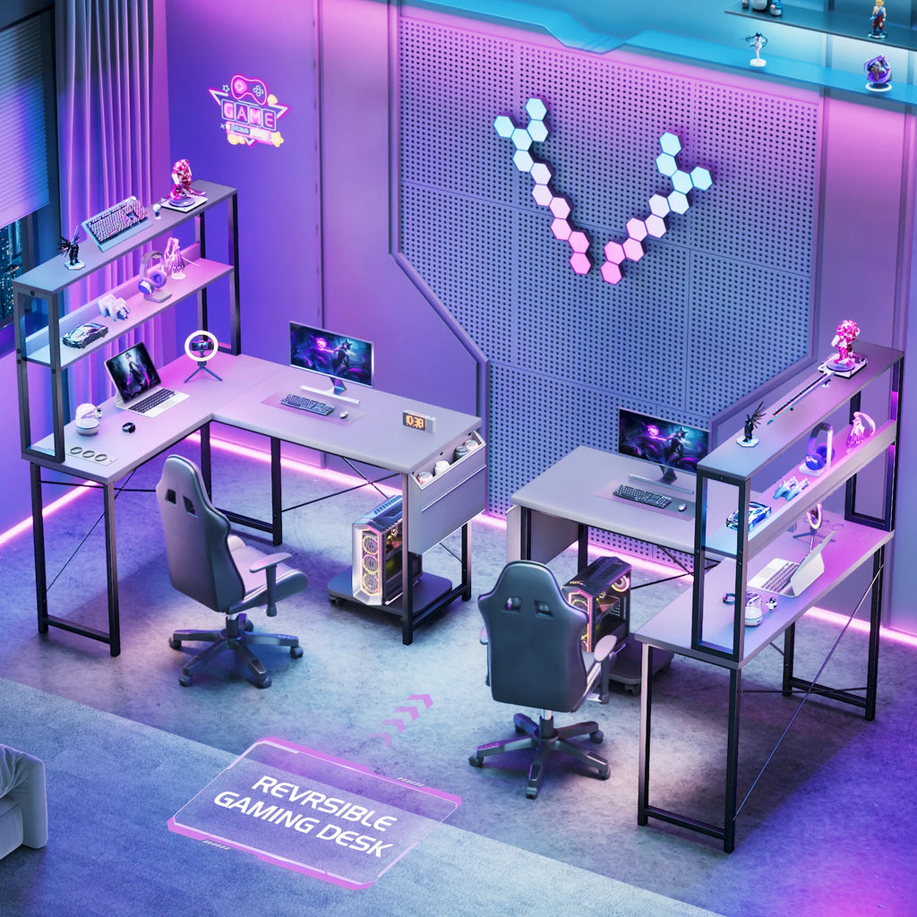Bureau d'angle blanc en métal avec rangement LED