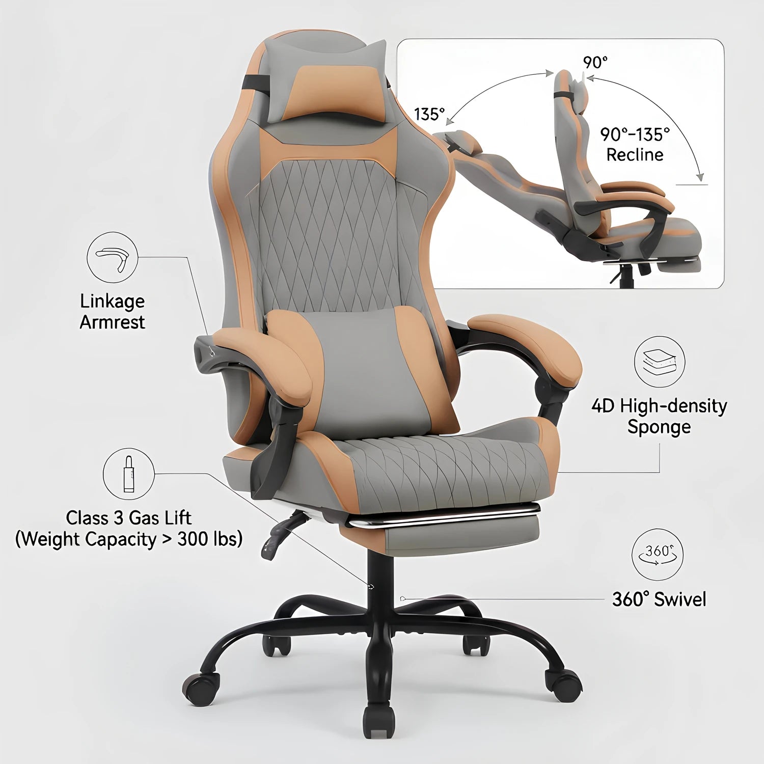 Chaise de bureau ergonomique en similicuir gris