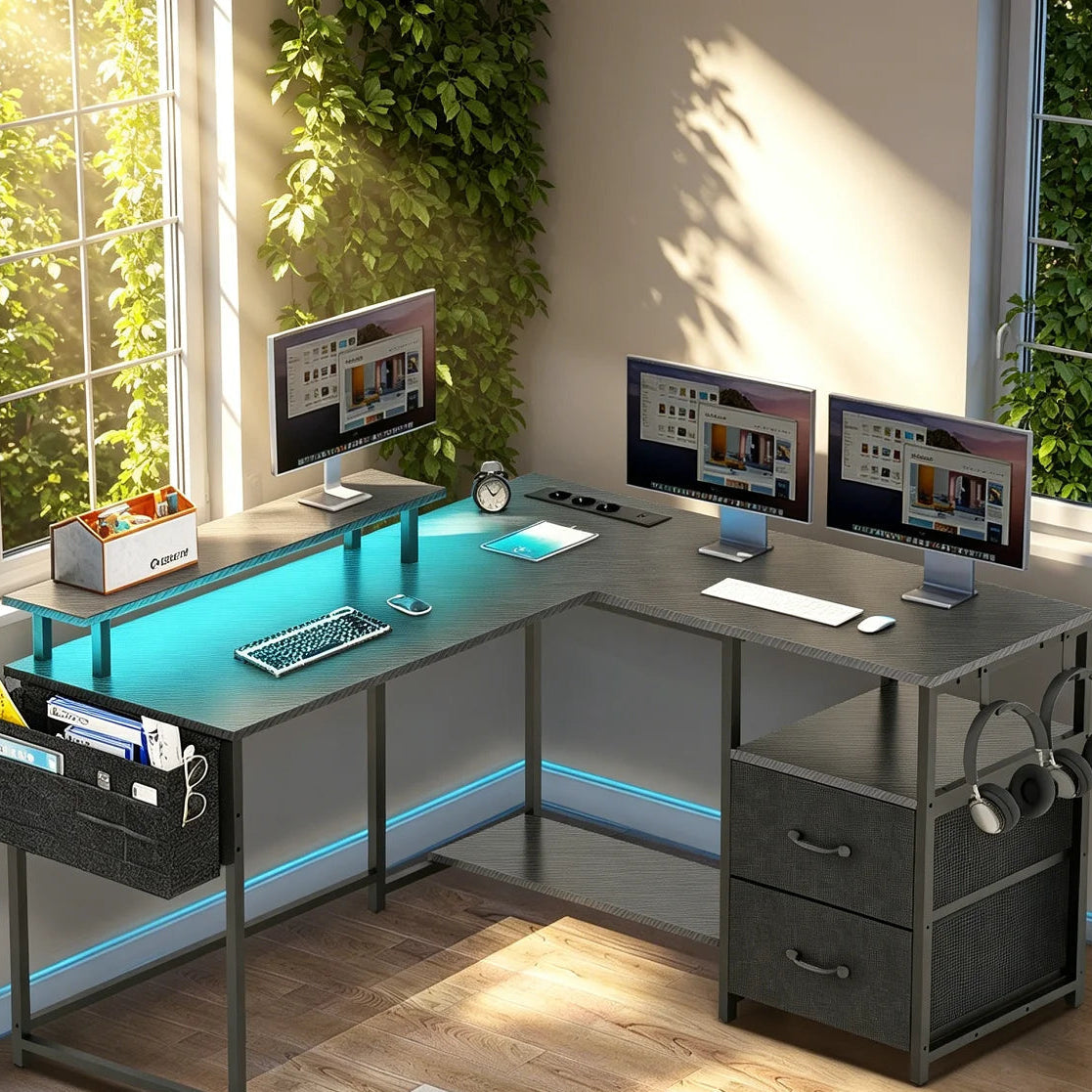 Bureau d'angle noir avec rangement et LED