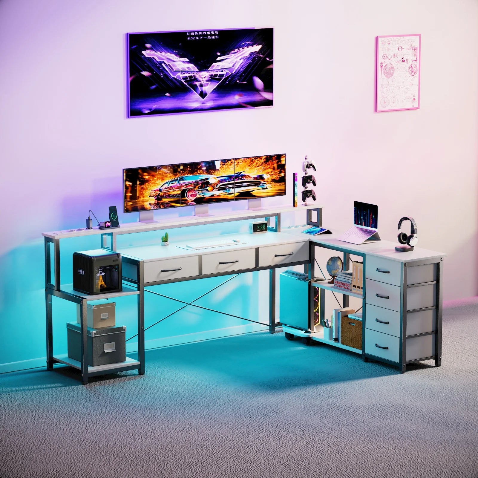 Bureau d'angle blanc en métal avec LED