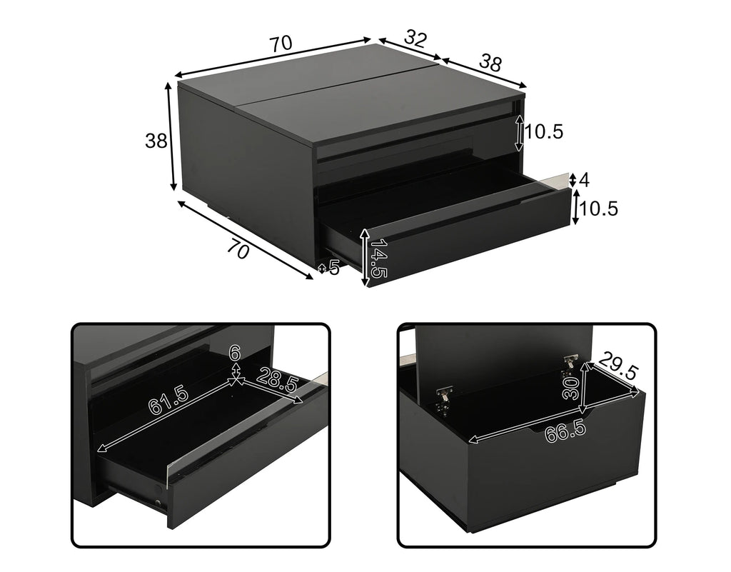 Table basse moderne relevable avec barre lumineuse LED