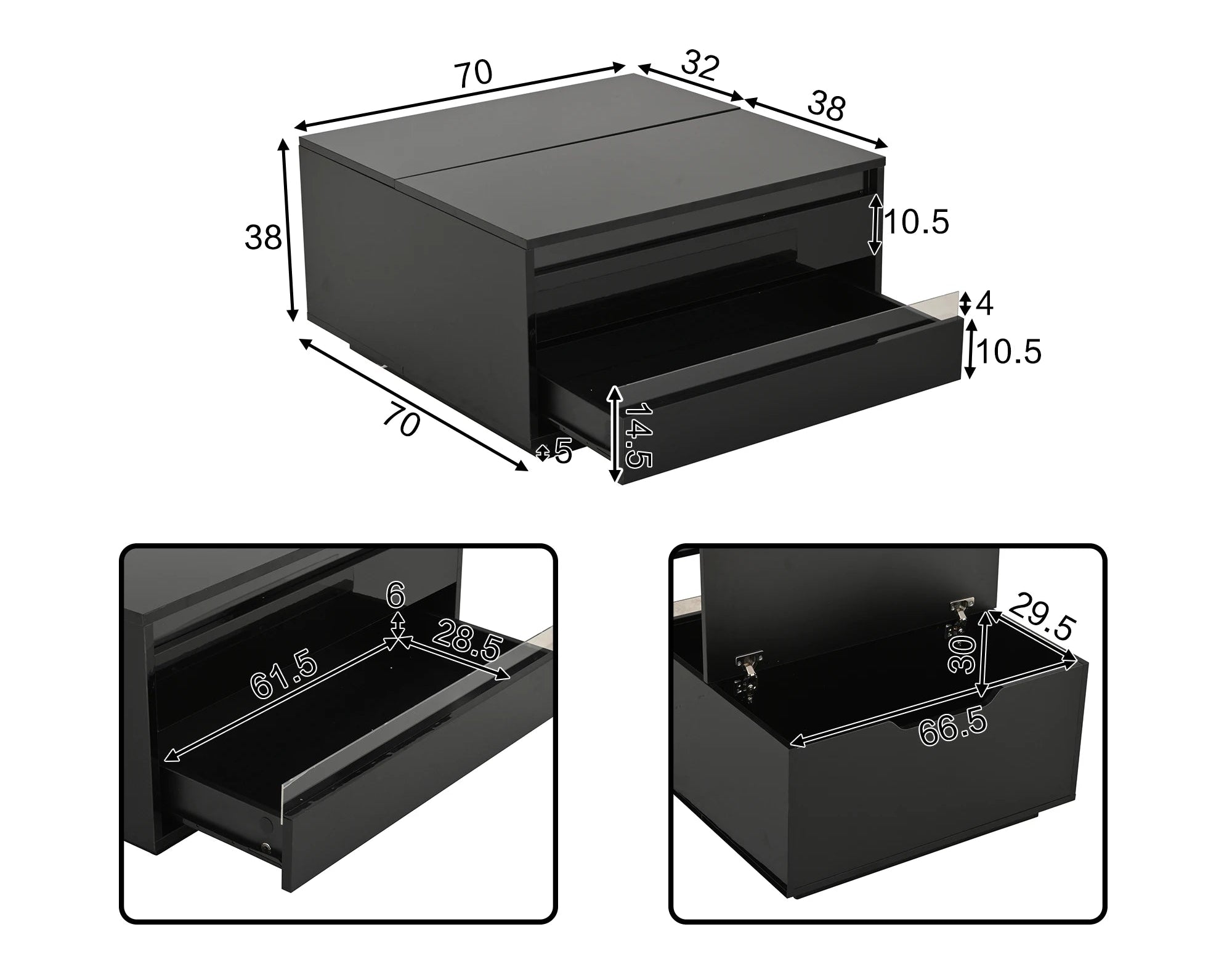 Table basse moderne relevable avec barre lumineuse LED