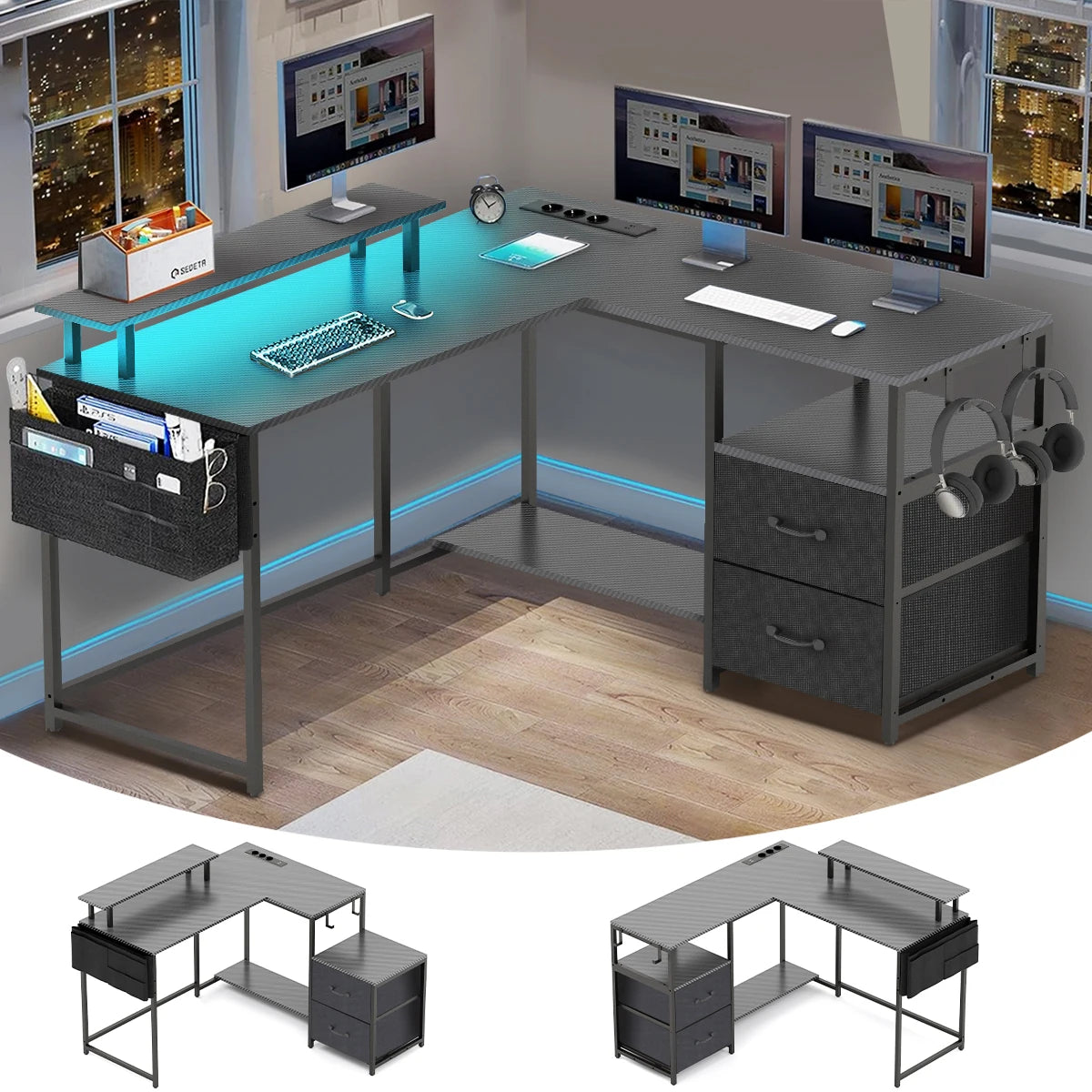 Bureau d'angle noir avec rangement et LED