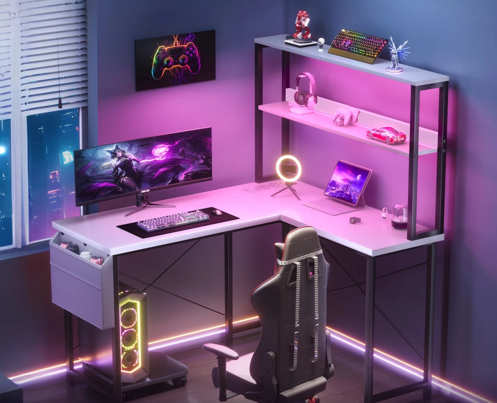 Bureau d'angle blanc en métal avec rangement LED