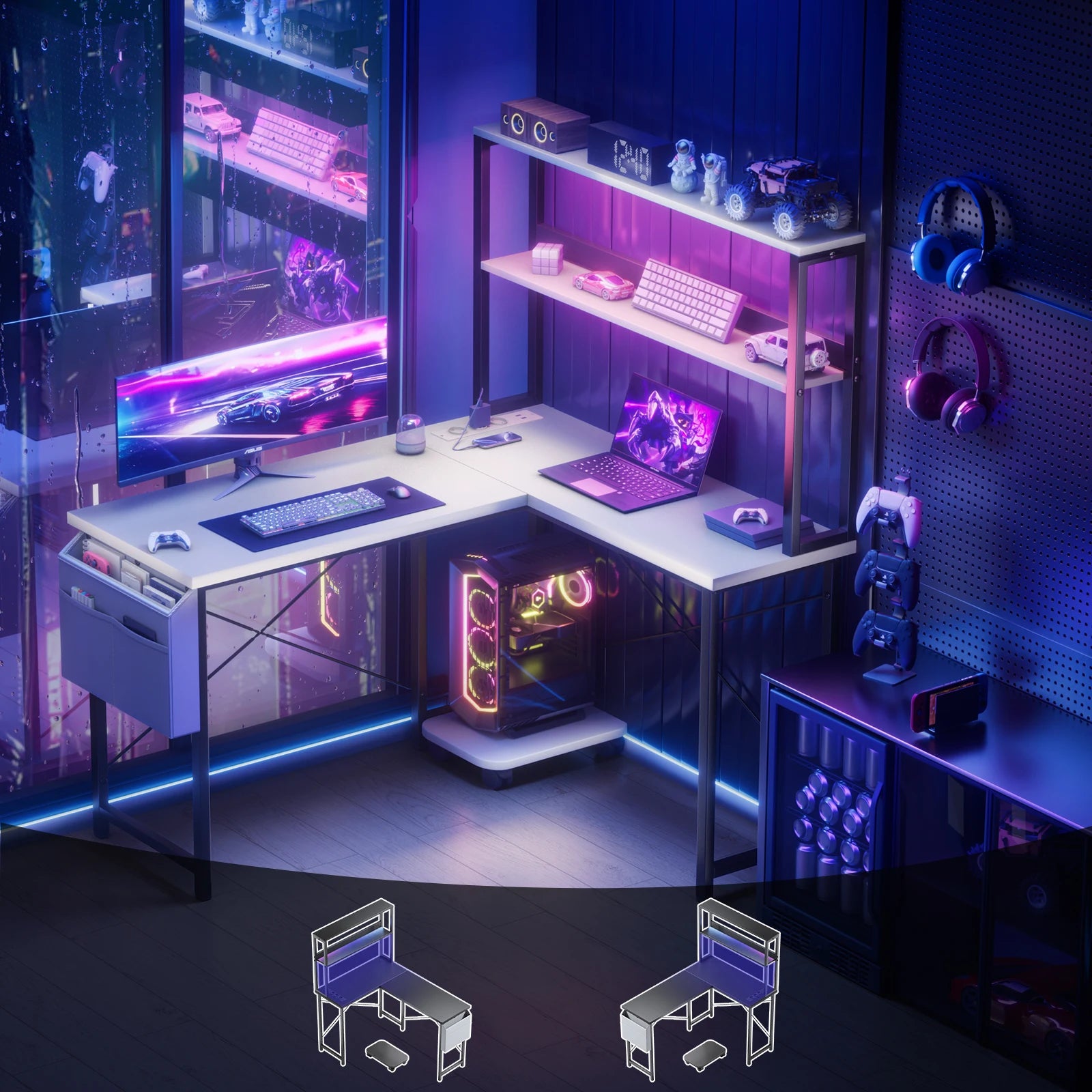 Bureau d'angle blanc en métal avec rangement LED