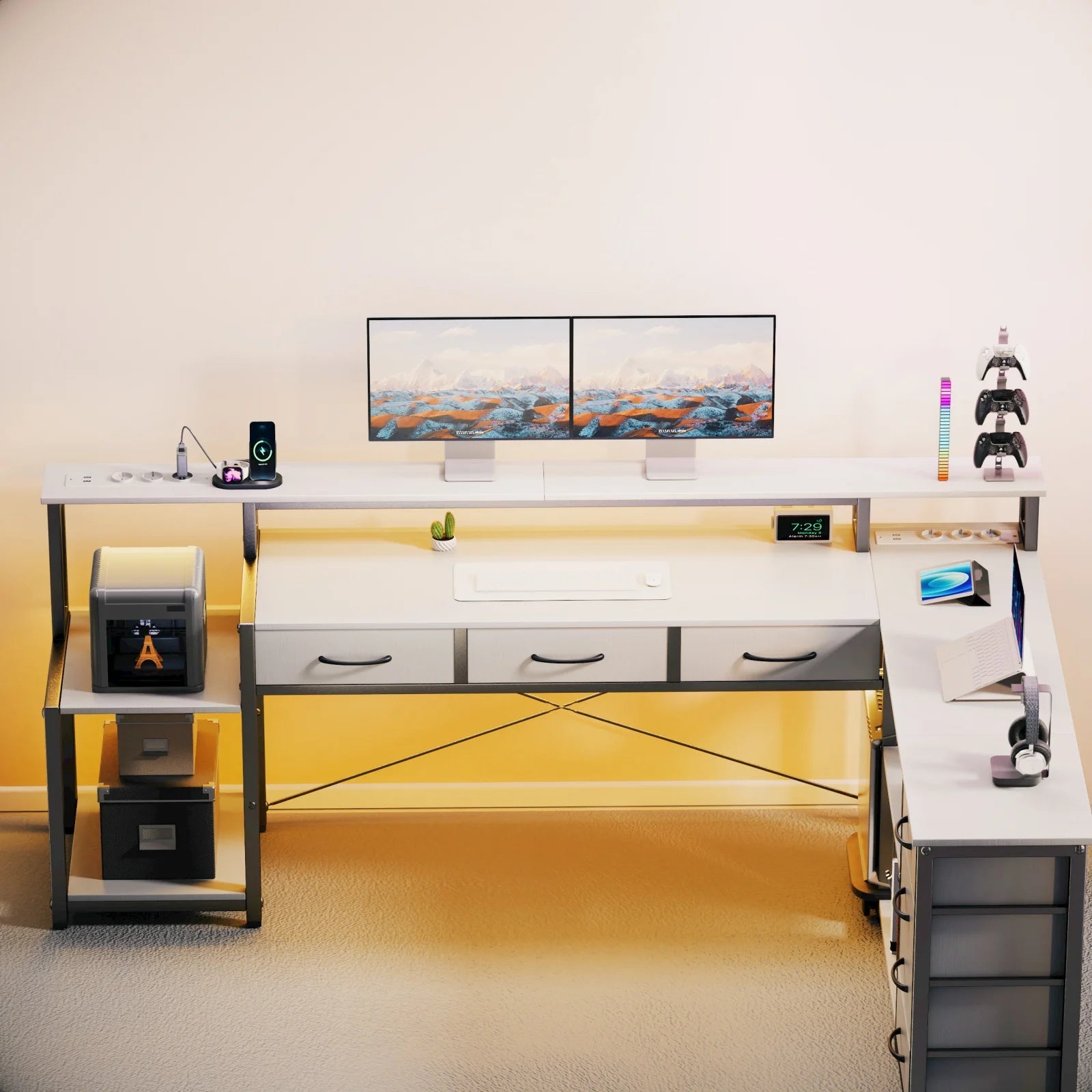 Bureau d'angle blanc en métal avec LED