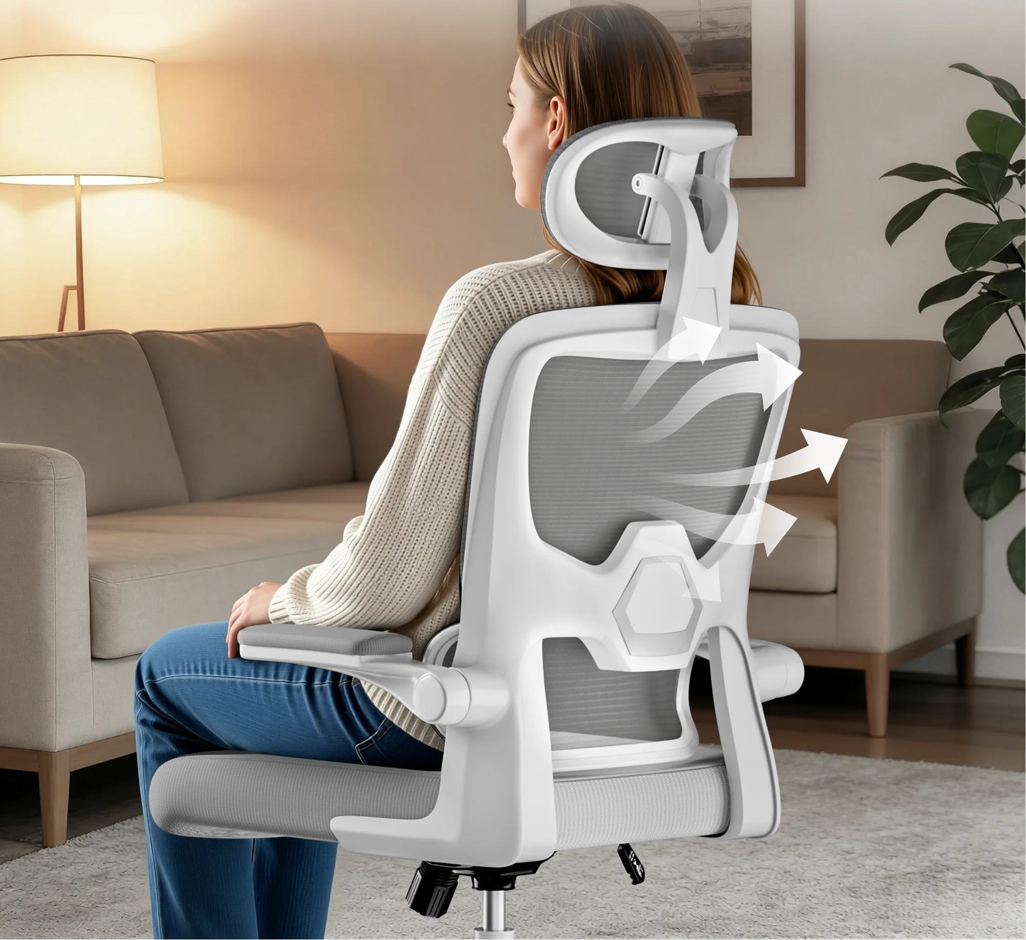 Chaise de bureau ergonomique avec appui-tête réglable et accoudoirs rabattables