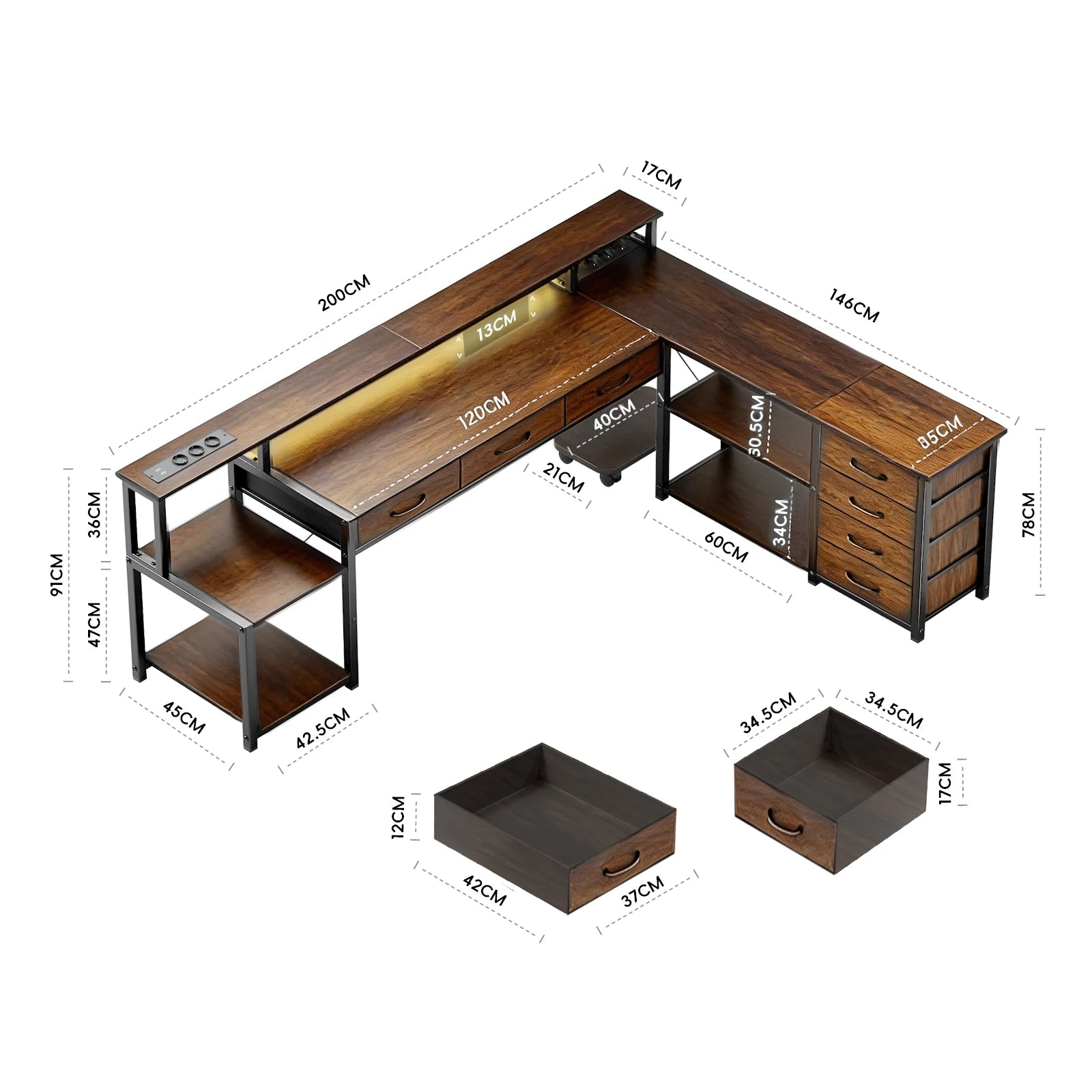 Bureau d'angle en bois minimaliste avec rangement et LED