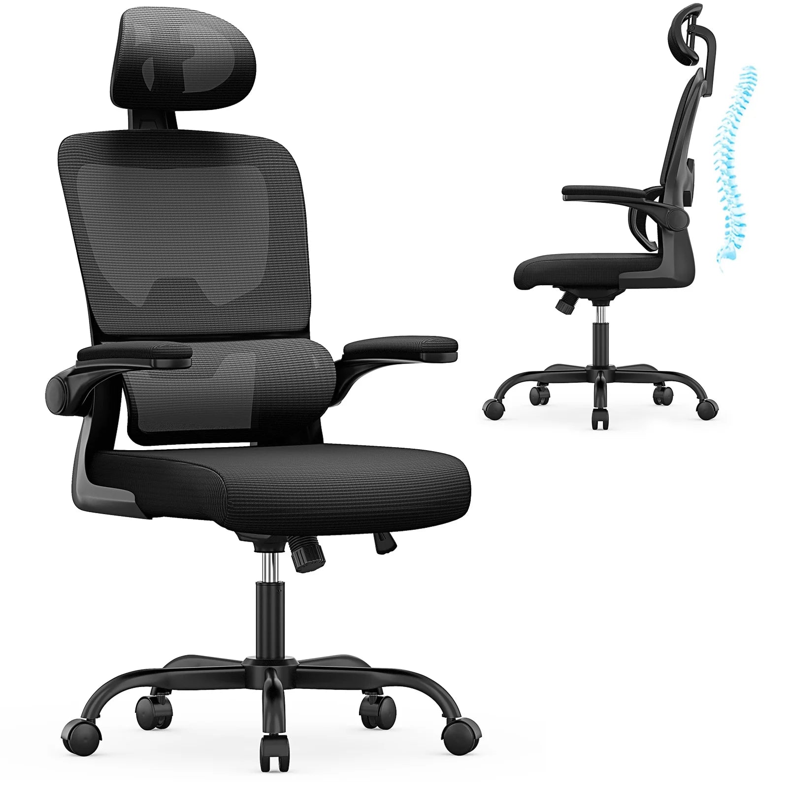 Chaise de bureau ergonomique avec appui-tête réglable et accoudoirs rabattables