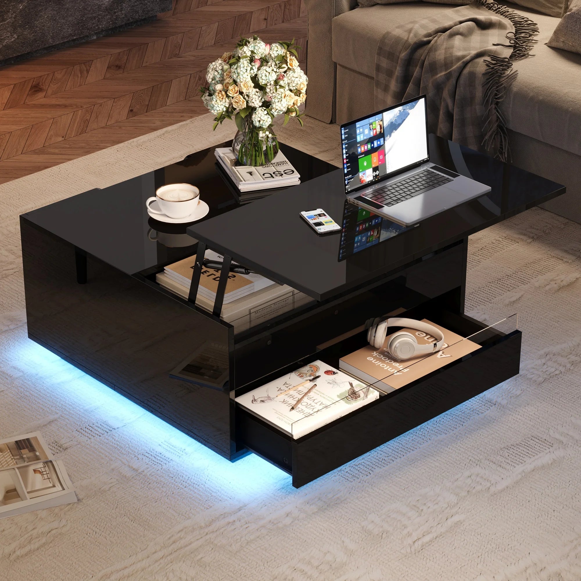 Table basse moderne relevable avec barre lumineuse LED