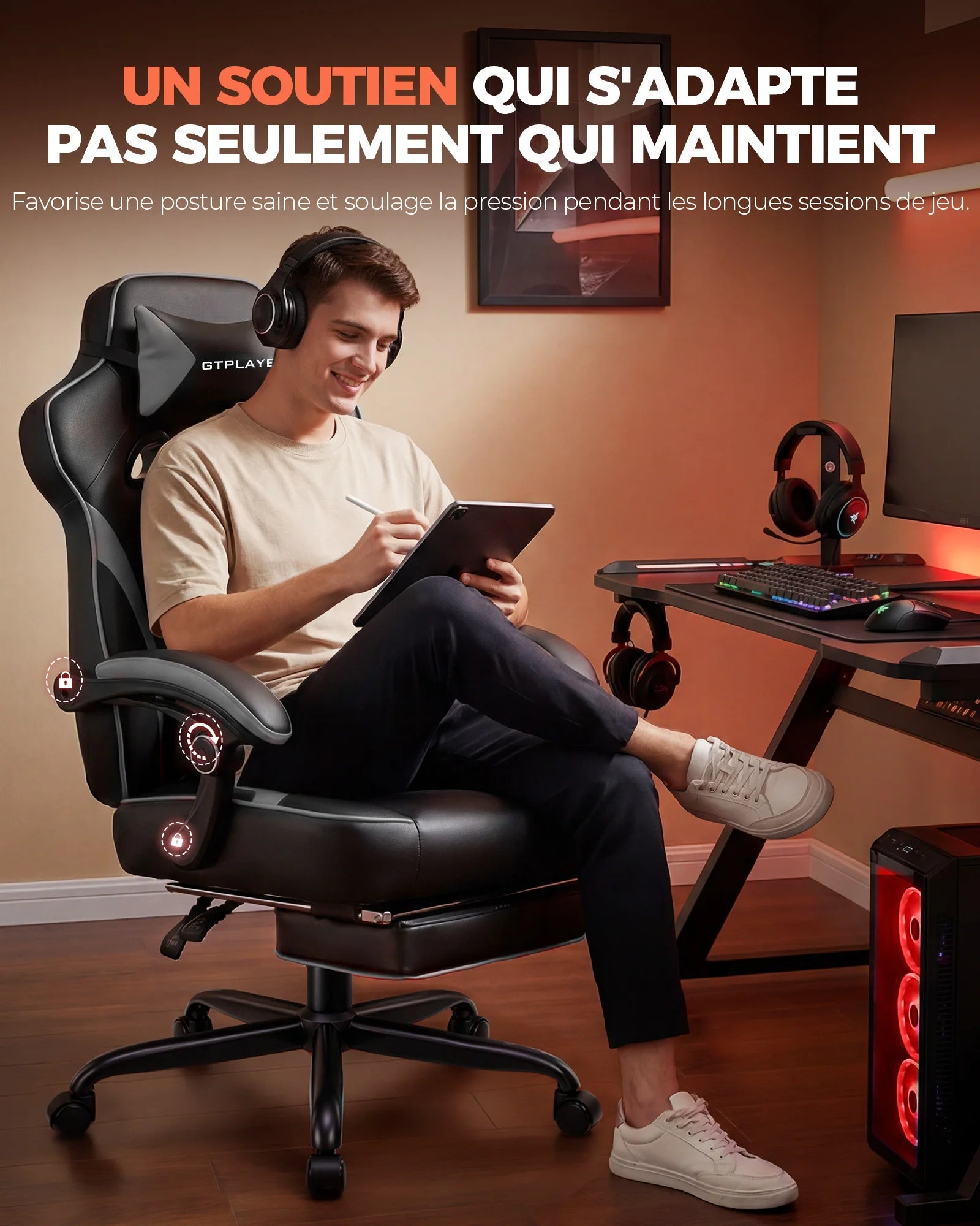 Fauteuil de jeu ergonomique avec soutien lombaire et appui-tête en similicuir