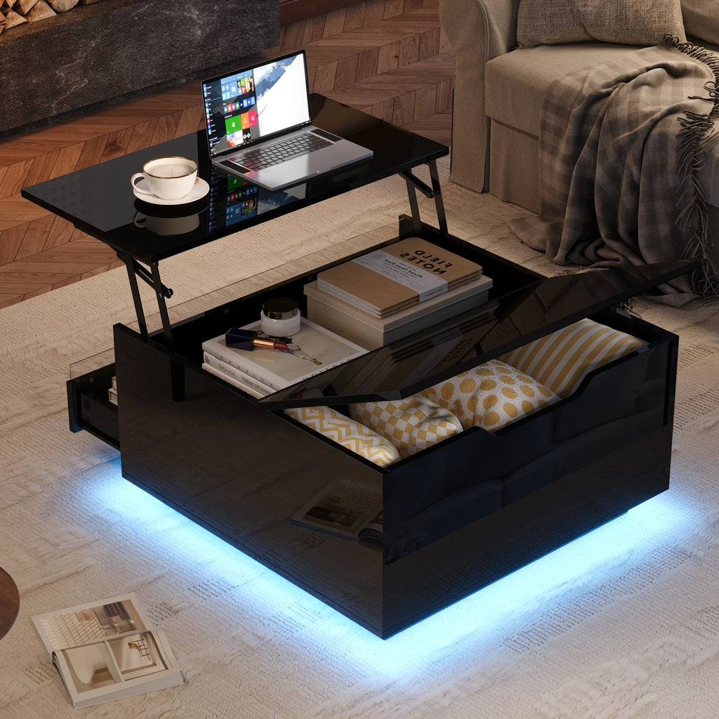 Table basse moderne relevable avec barre lumineuse LED
