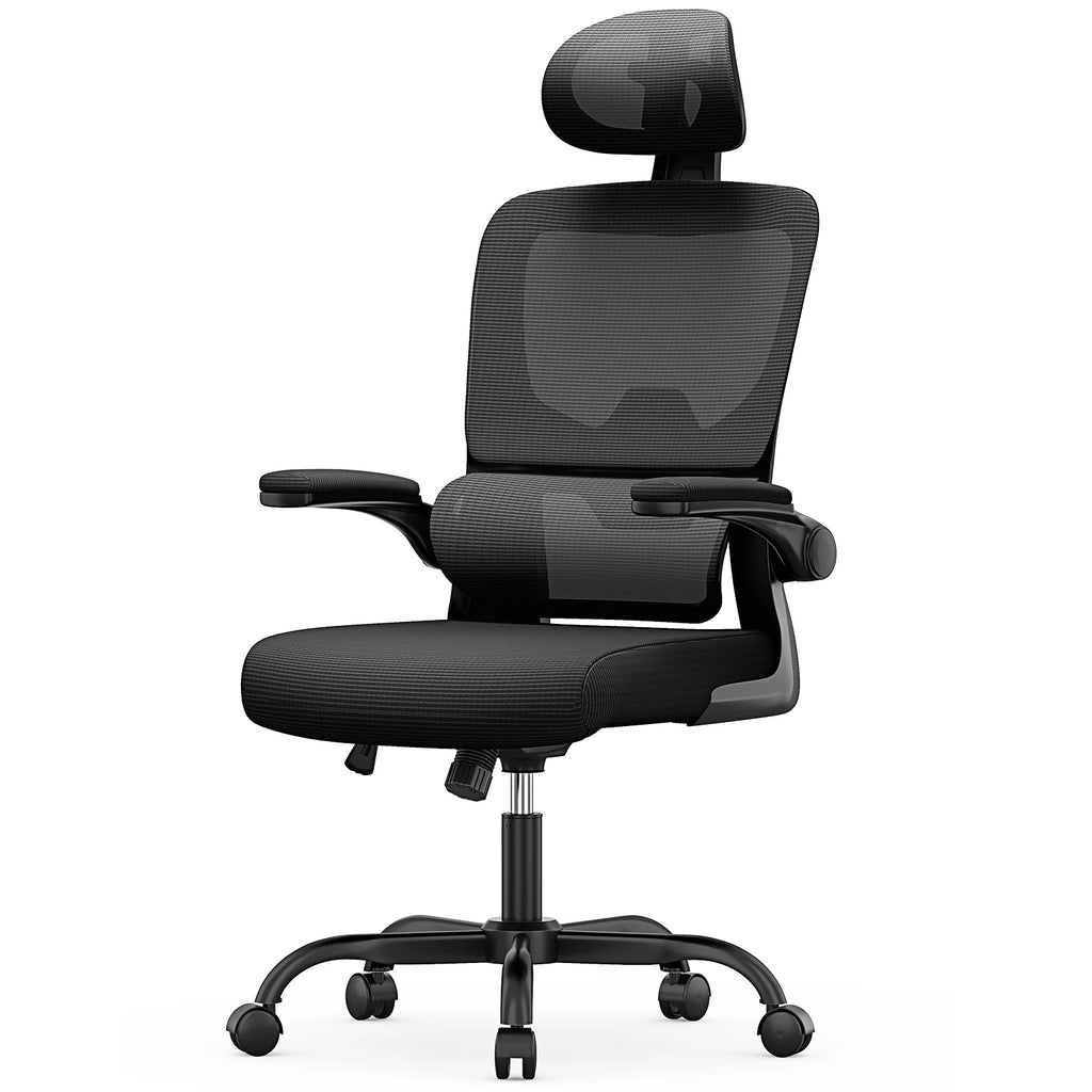Chaise de bureau ergonomique avec appui-tête réglable et accoudoirs rabattables