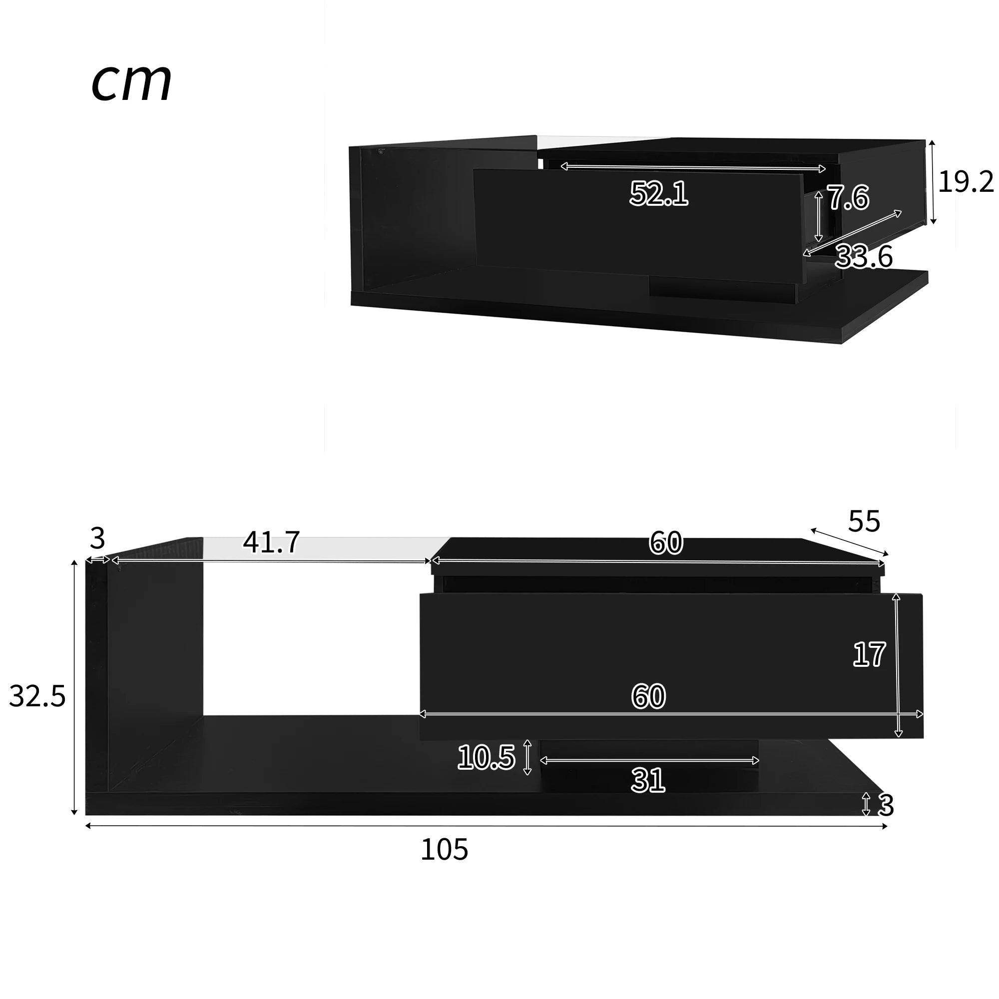Table basse brillante et rectangulaire pour salon avec LED