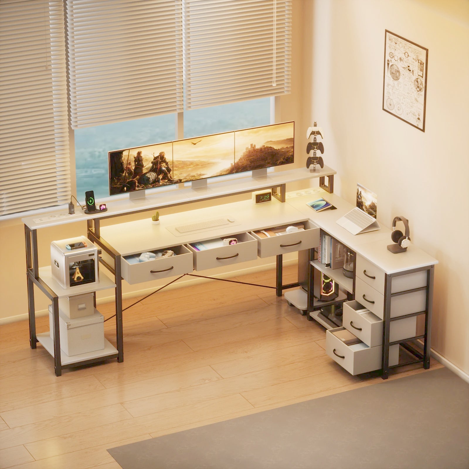 Bureau d'angle blanc en métal avec LED