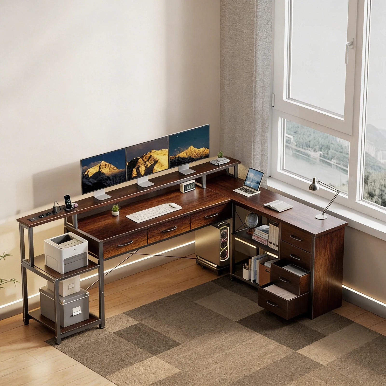 Bureau d'angle en bois minimaliste avec rangement et LED
