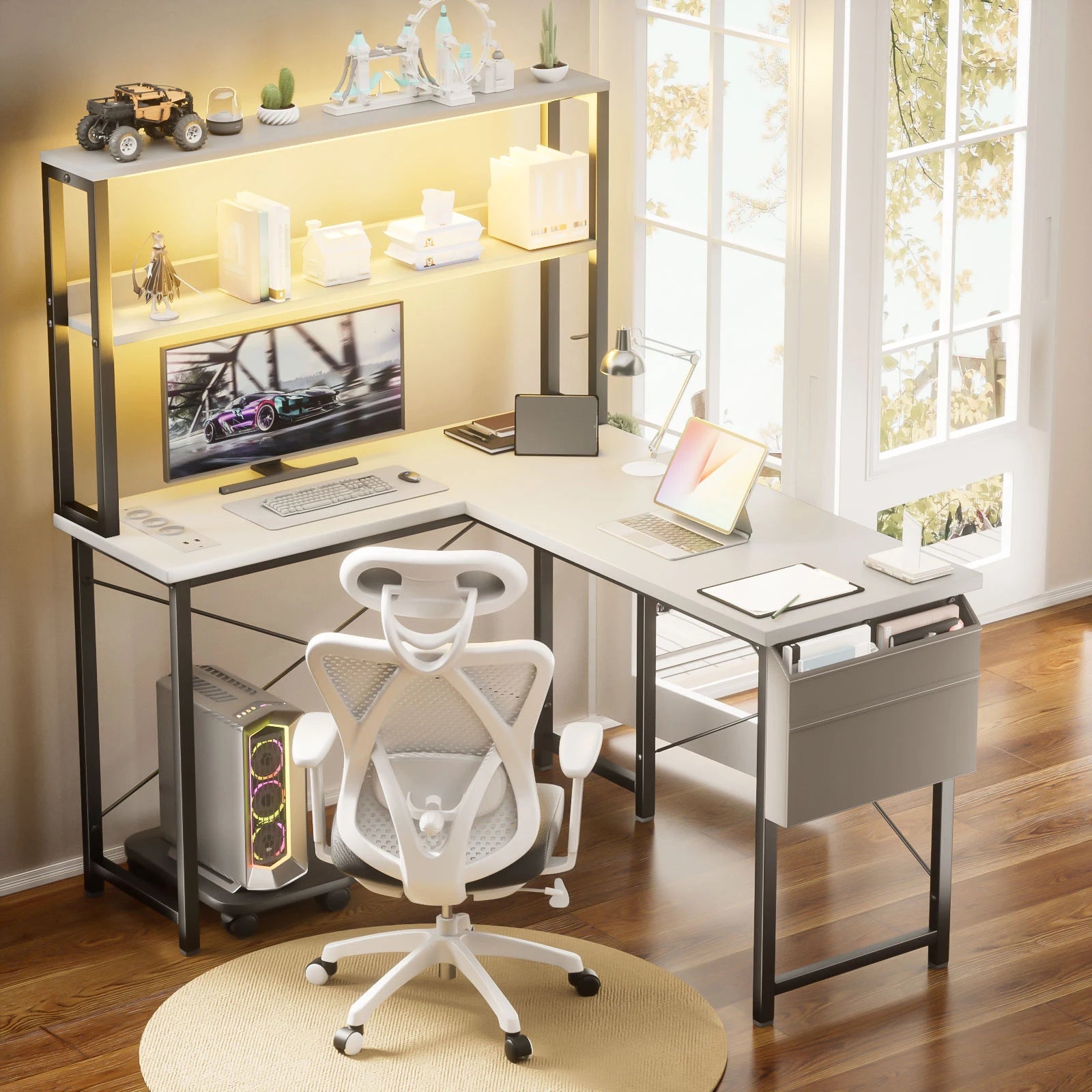 Bureau d'angle blanc en métal avec rangement LED