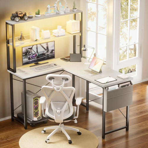 Bureau d'angle blanc en métal avec rangement LED