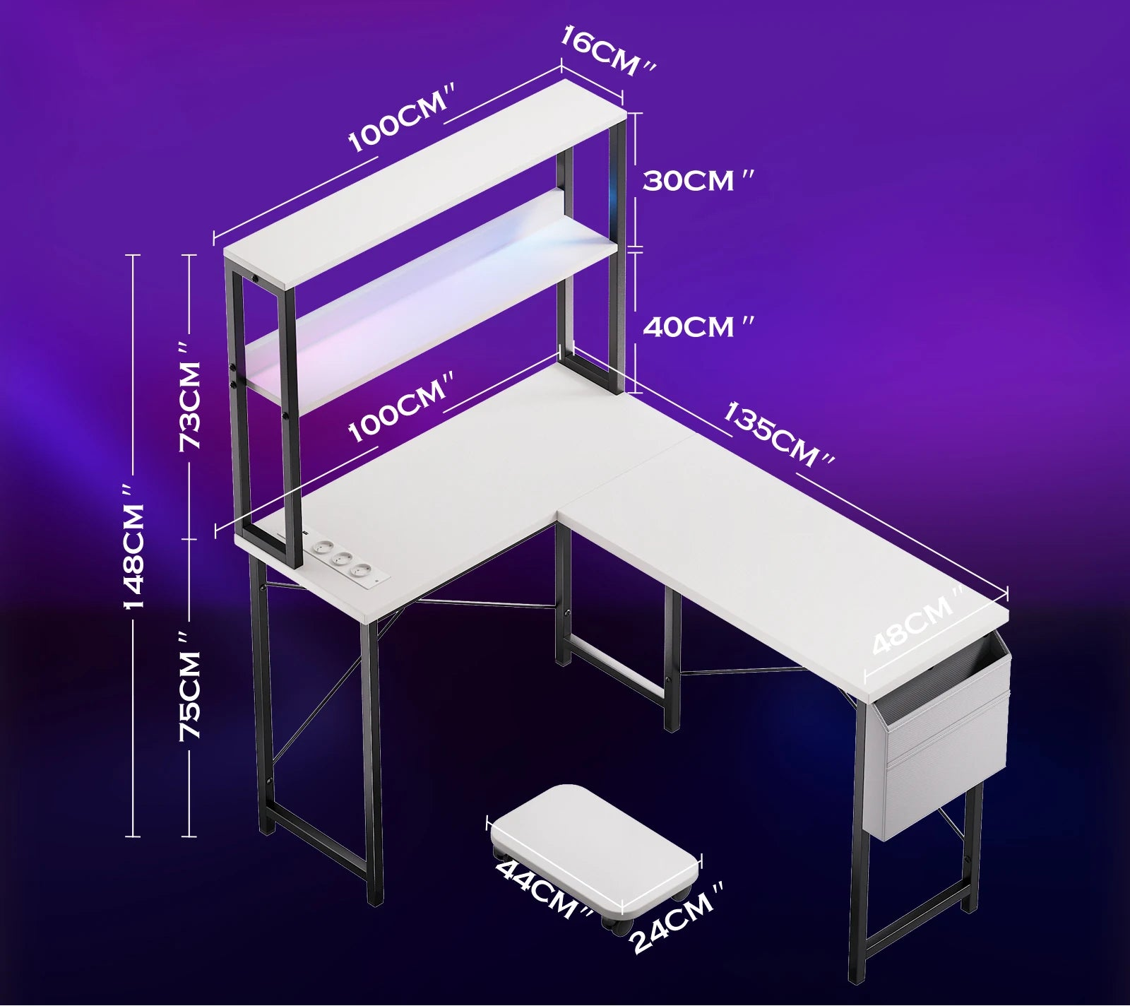 Bureau d'angle blanc en métal avec rangement LED