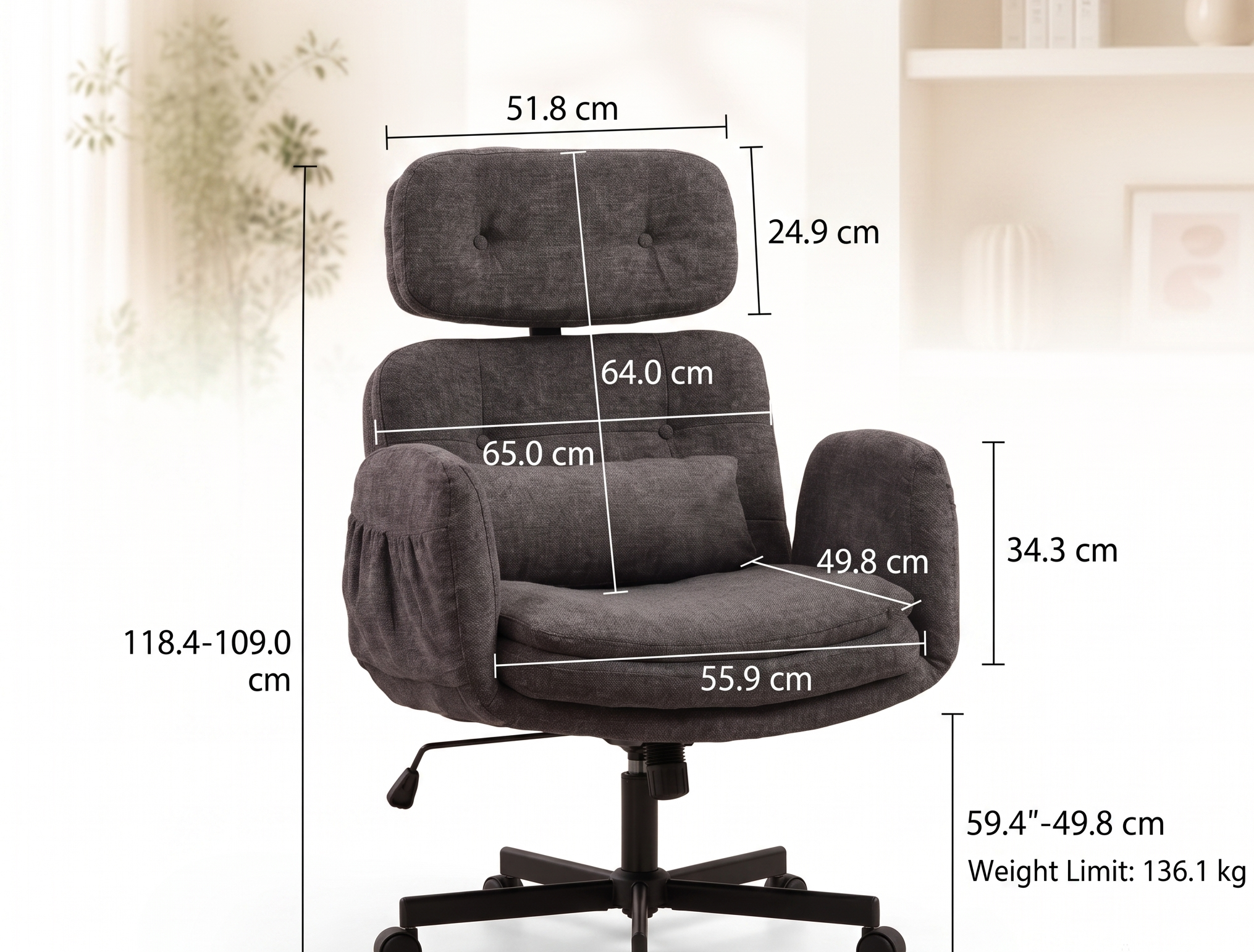 Chaise de bureau pivotante ergonomique avec accoudoirs rabattables