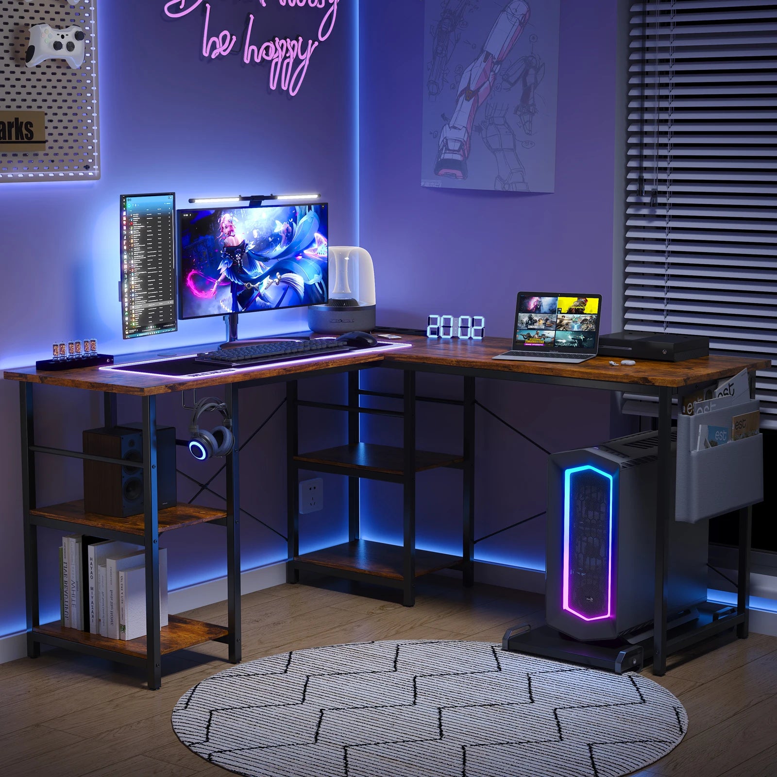 Bureau d'angle long en métal effet bois avec rangement