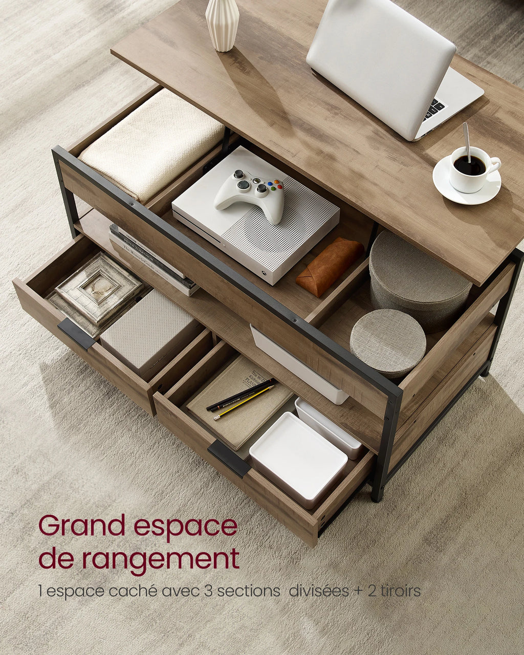 Table basse relevable en bois avec compartiment